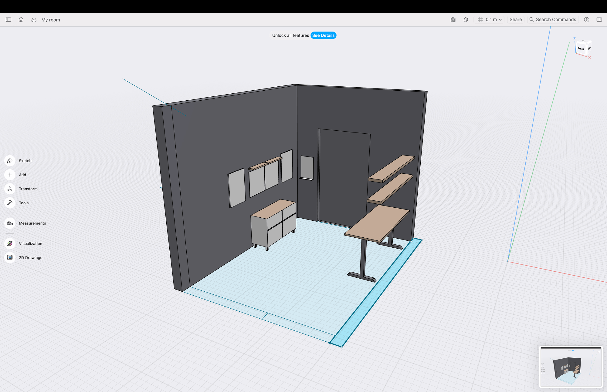 Sơ đồ chiếu sáng 3D cho văn phòng tại nhà, được tạo trong ứng dụng Shapr3D