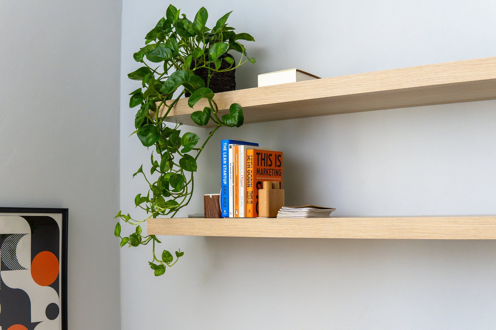 An ivy houseplant and five books on wall-mounted floating shelves