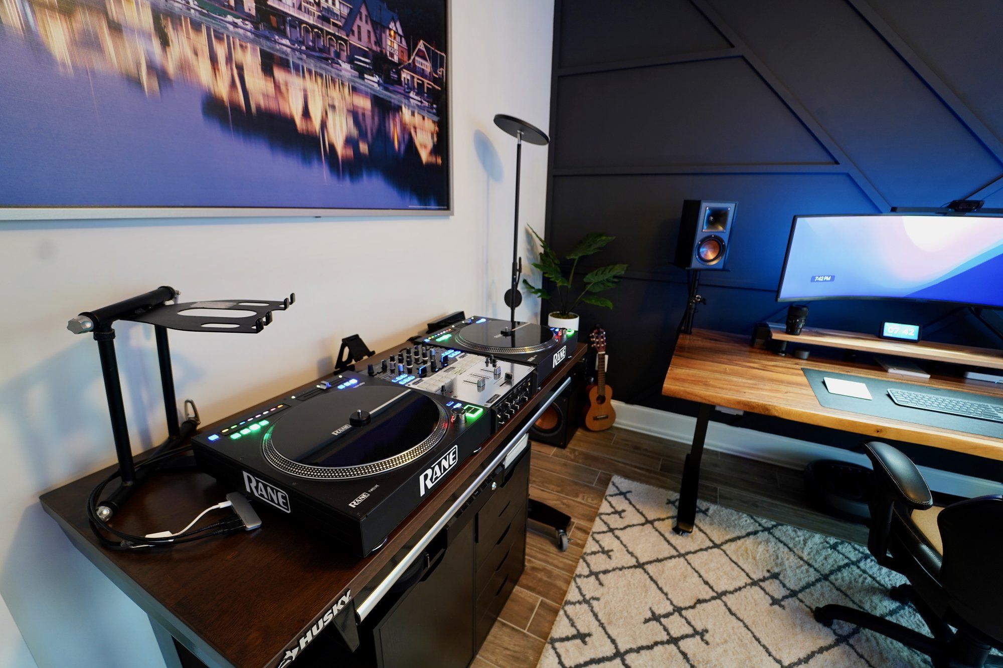 A DJ setup next to the WFH setup in a home office