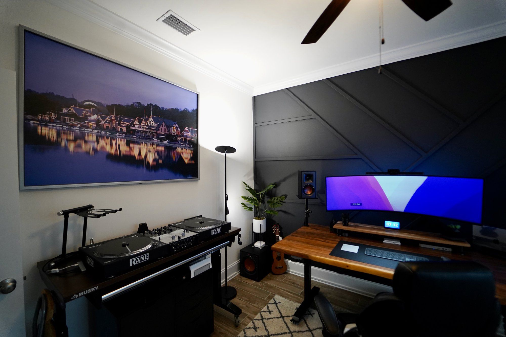 A home workspace with the DIY patterned dark wall