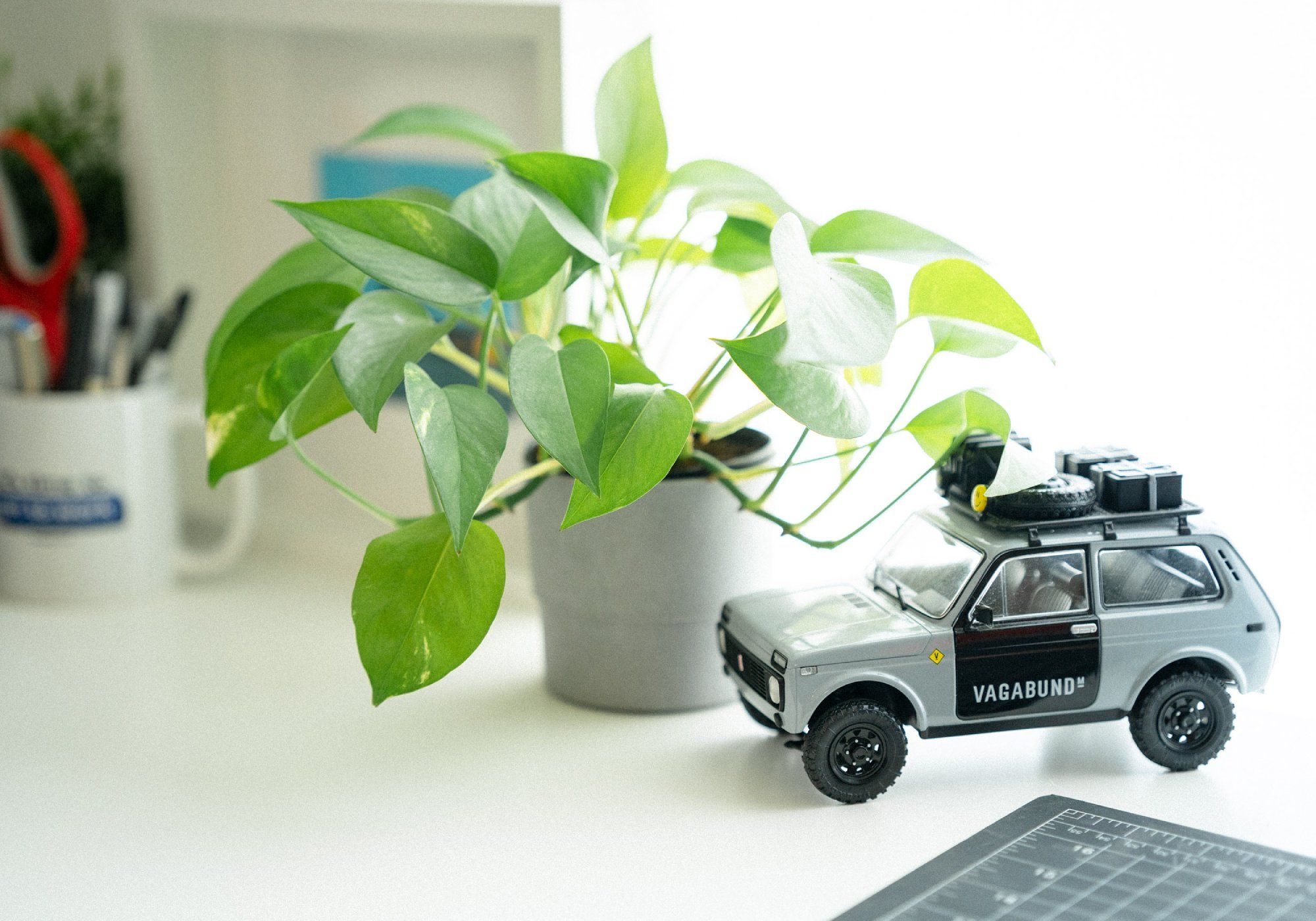 A scale model of a 4×4 Lada Niva made by Vagabund Moto and a potter indoor ivy plant