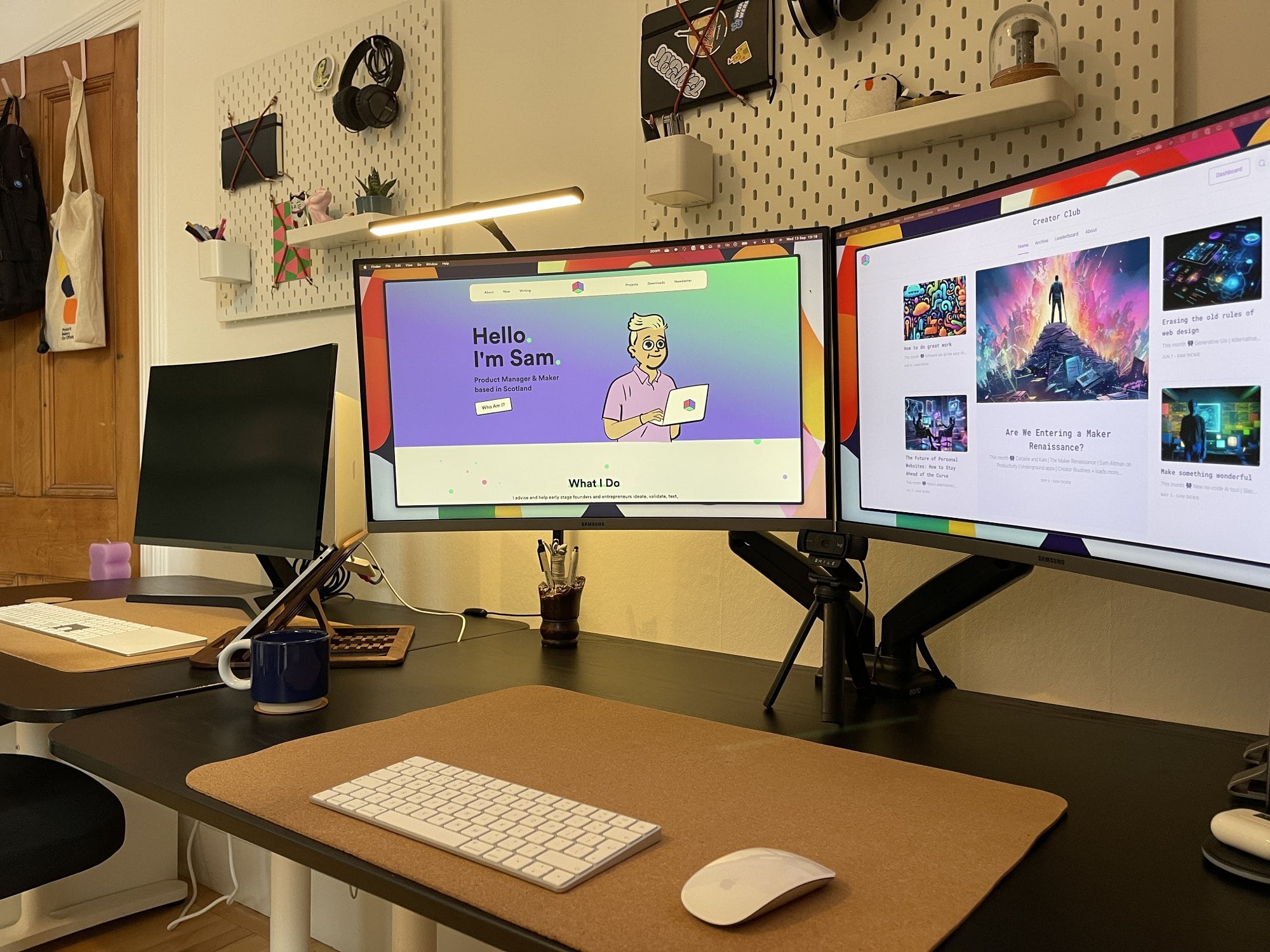 A shared home office with two IKEA desk setups, one of them has a dual-monitor arrangement