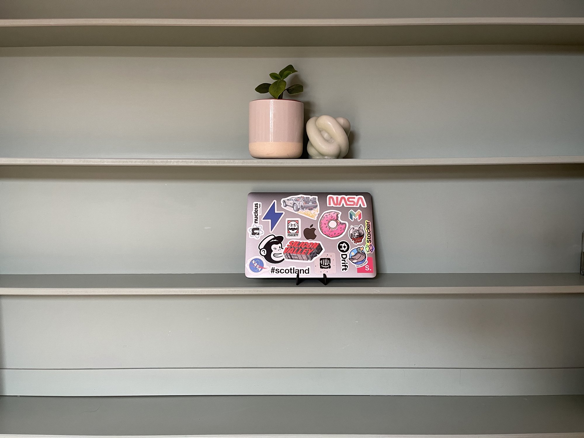 An Apple MacBook and a potted indoor plant on the shelves