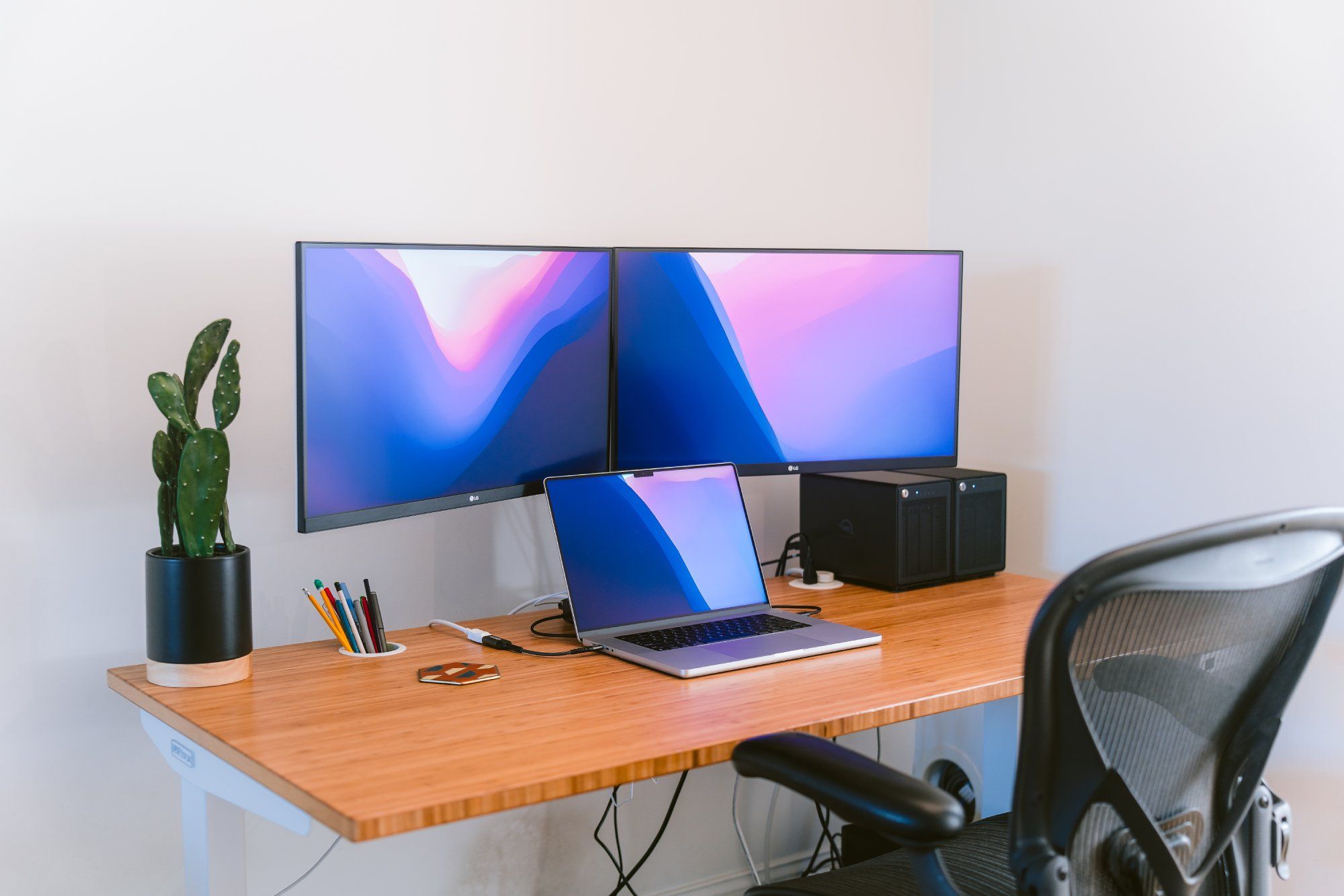 A modern workspace setup with dual LG monitors displaying gradient wallpapers. A laptop sits on the wooden desk, paired with a small collection of coloured pens and a decorative coaster. To the left of the workspace is a potted cactus plant, adding a touch of nature to the room. An office chair with a mesh back is partially visible, indicating a comfortable seating area