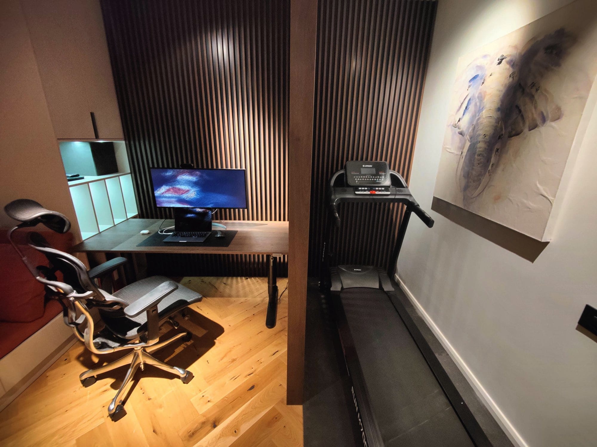Minimal Desk Setup with Slat Wall Panels in Bucharest, Romania