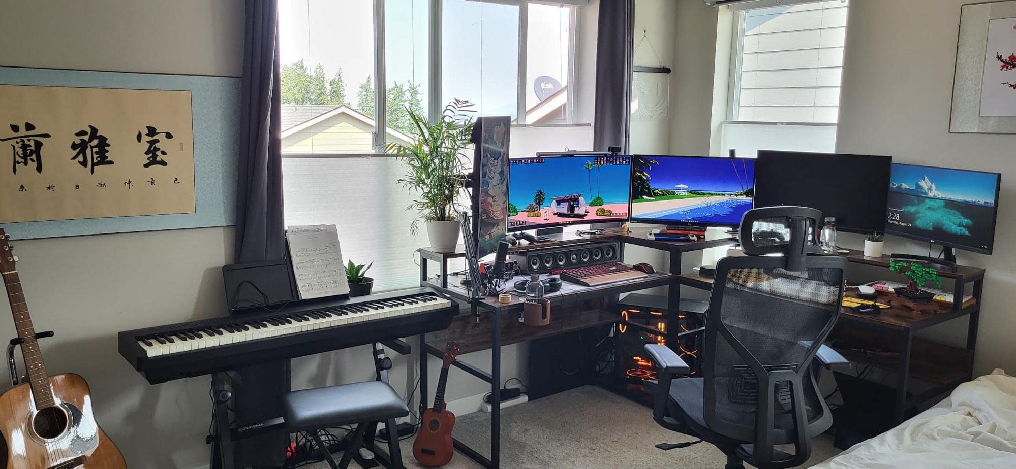 A multifunctional home office setup with five monitors, a gaming PC, a digital piano, acoustic guitar, and various personal items, all in a room with ample natural light and Asian-inspired decor