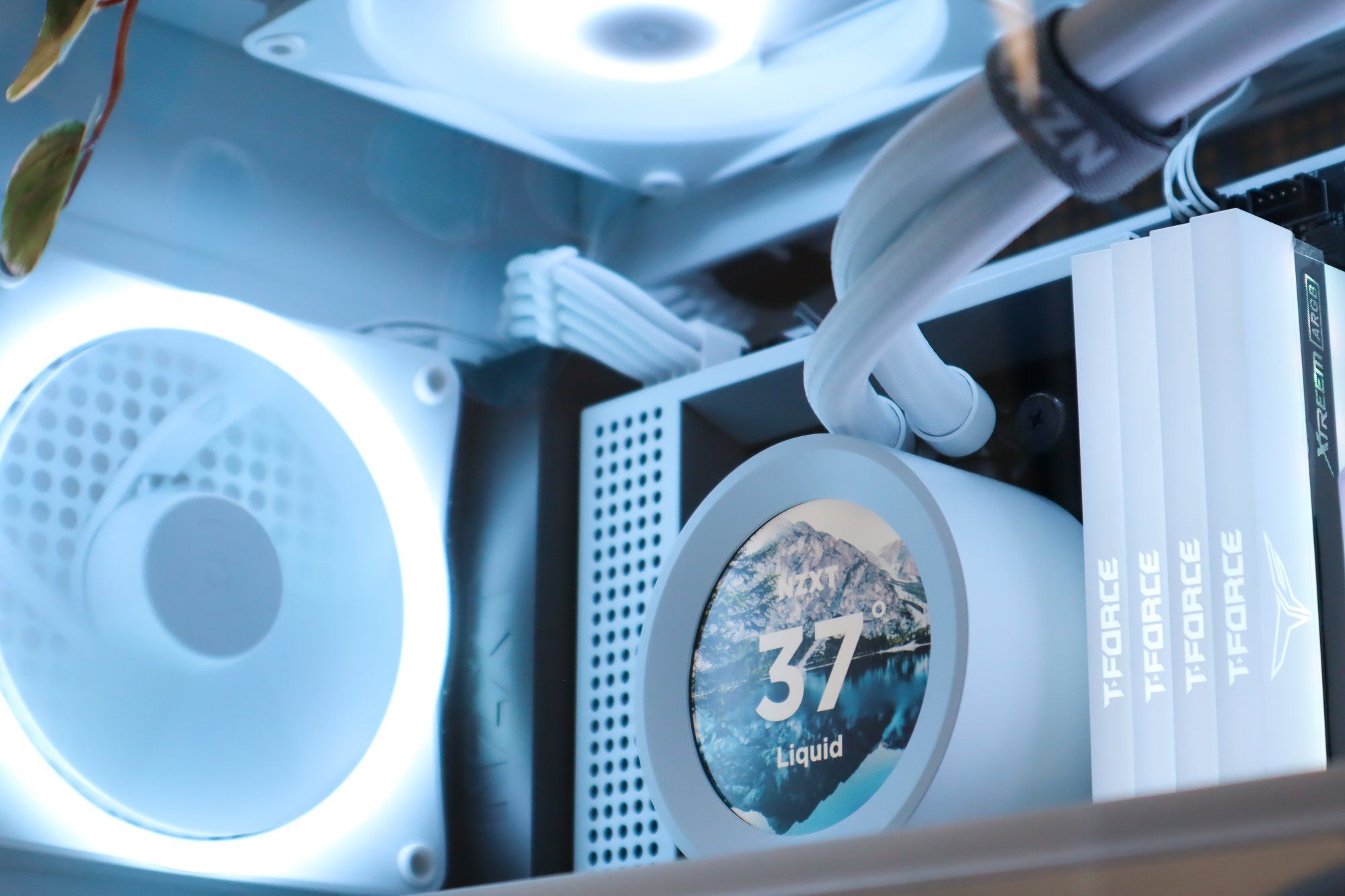 An internal view of a custom PC featuring a white liquid NZXT CPU cooler with a temperature gauge, illuminated by soft LED lighting
