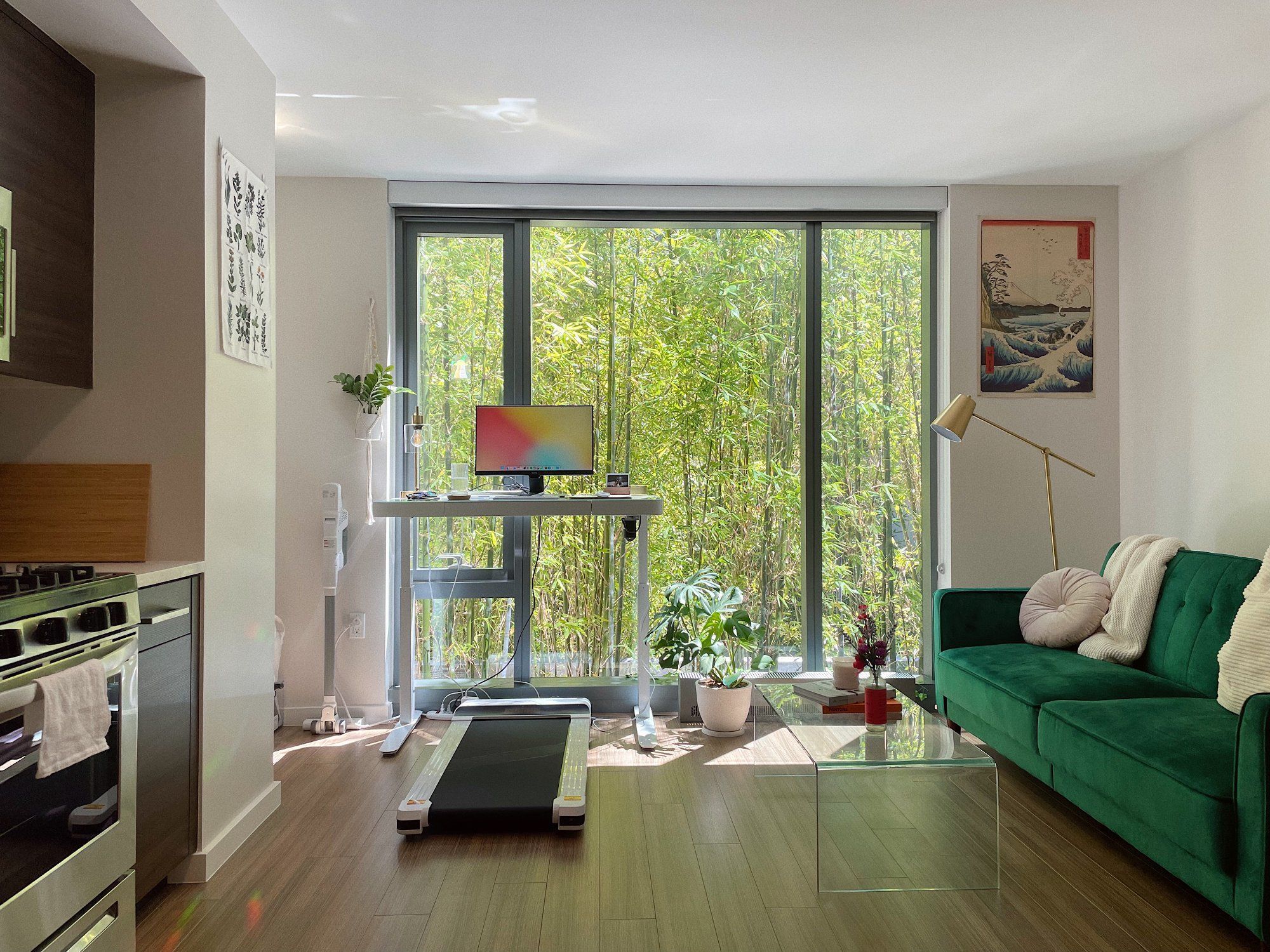 A home office with a standing desk and under-desk treadmill set against a window with a green view, complemented by a stylish office chair and vibrant green sofa
