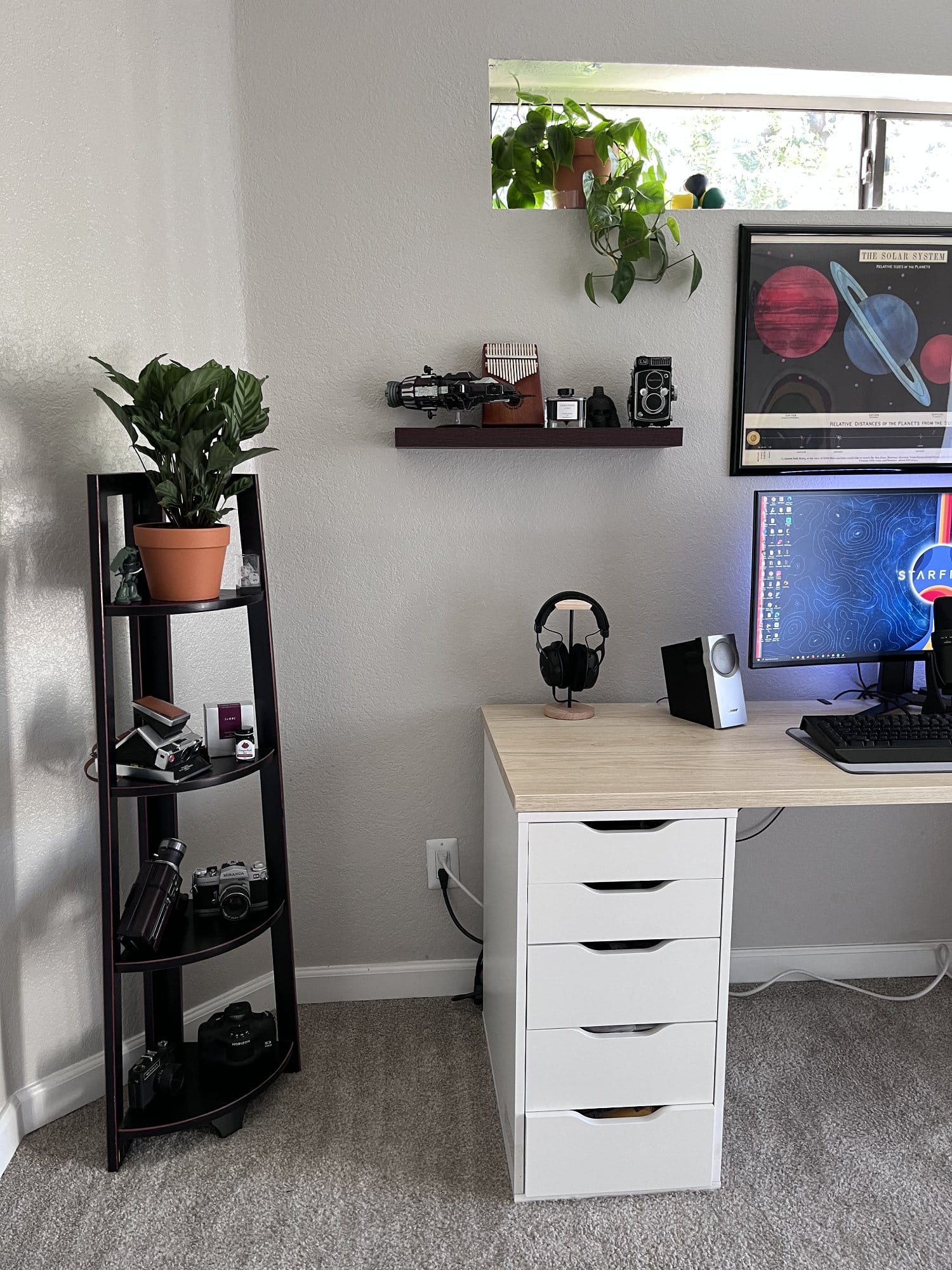 A well-organised work space with a white desk, ALEX drawers, a black shelf with plants and cameras, and a computer setup in the background