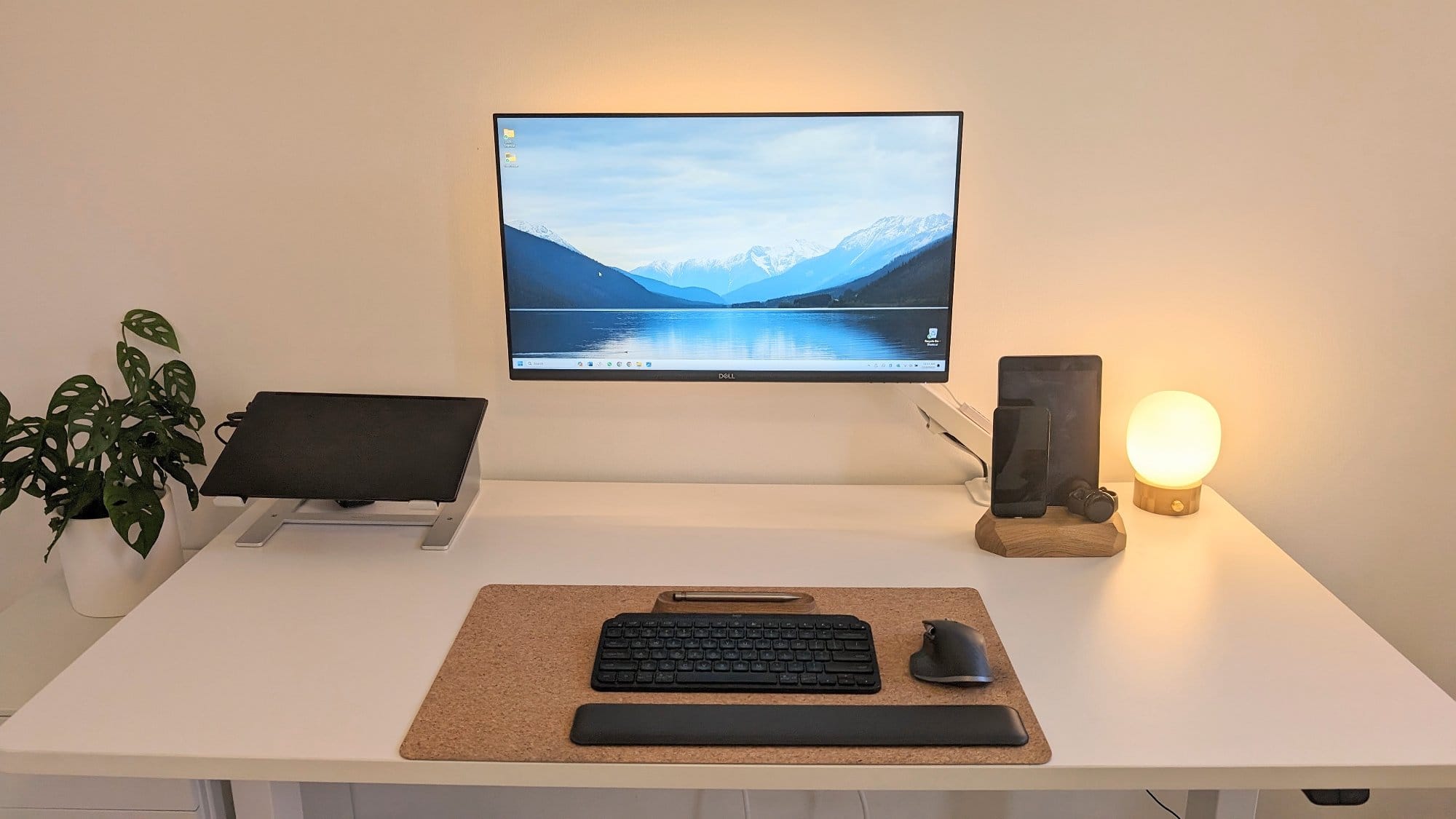 A minimal home office desk setup with a monstera plant