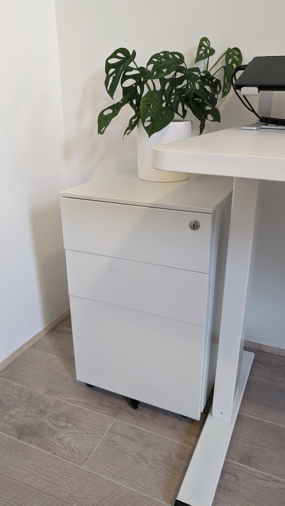 A close-up view of a white office drawer unit next to a standing desk with a portion of a monstera plant visible on the left