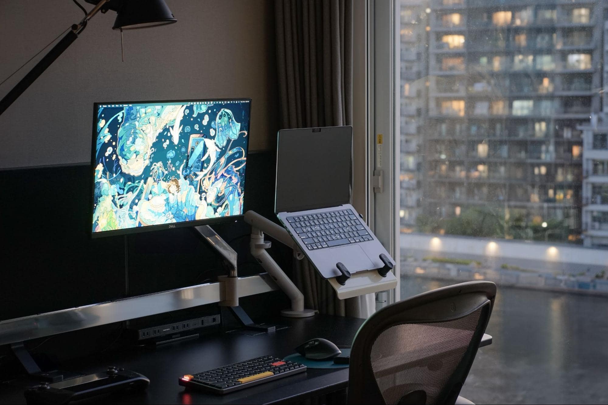 An ergonomic home office setup in Tokyo with a panoramic view of the city at dusk