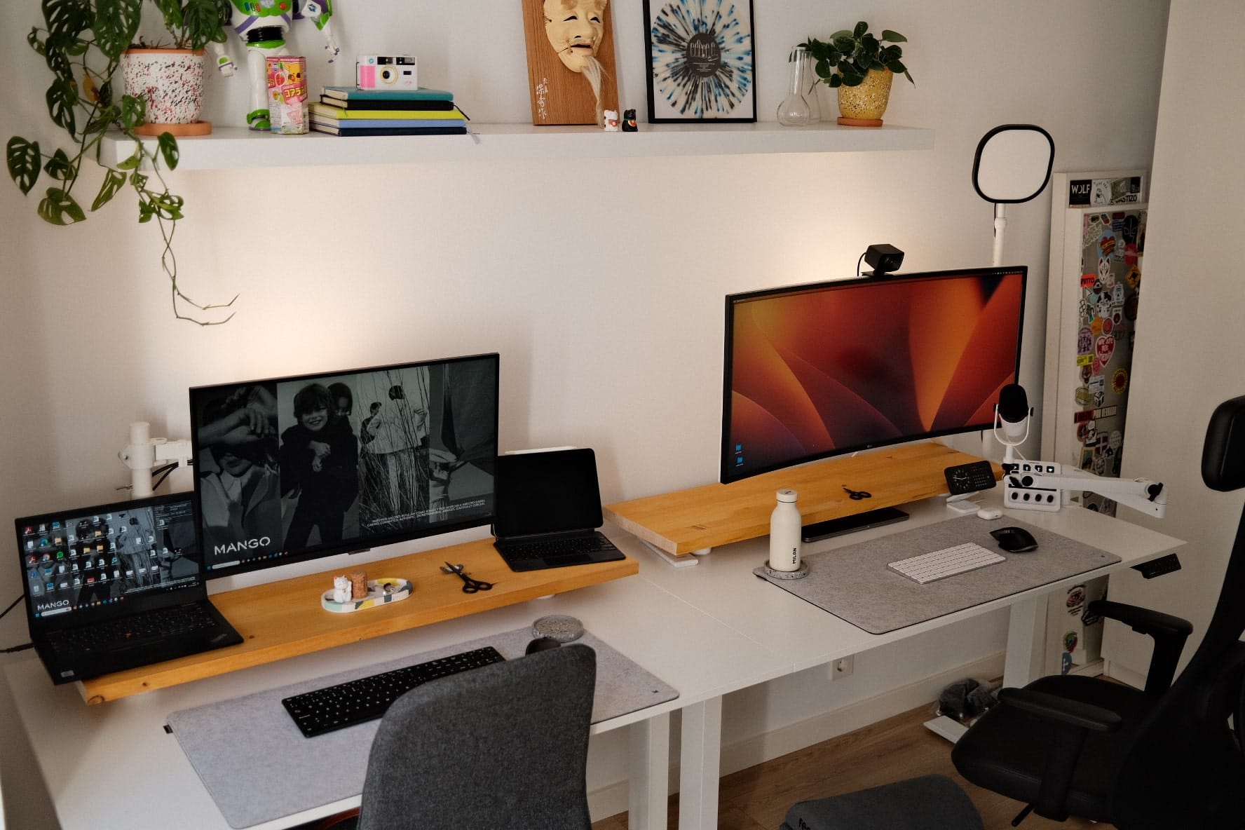 A shared home office featuring a long desk with two monitors, a laptop, decorative shelf with plants, books, and toys, a ring light, and two ergonomic chairs