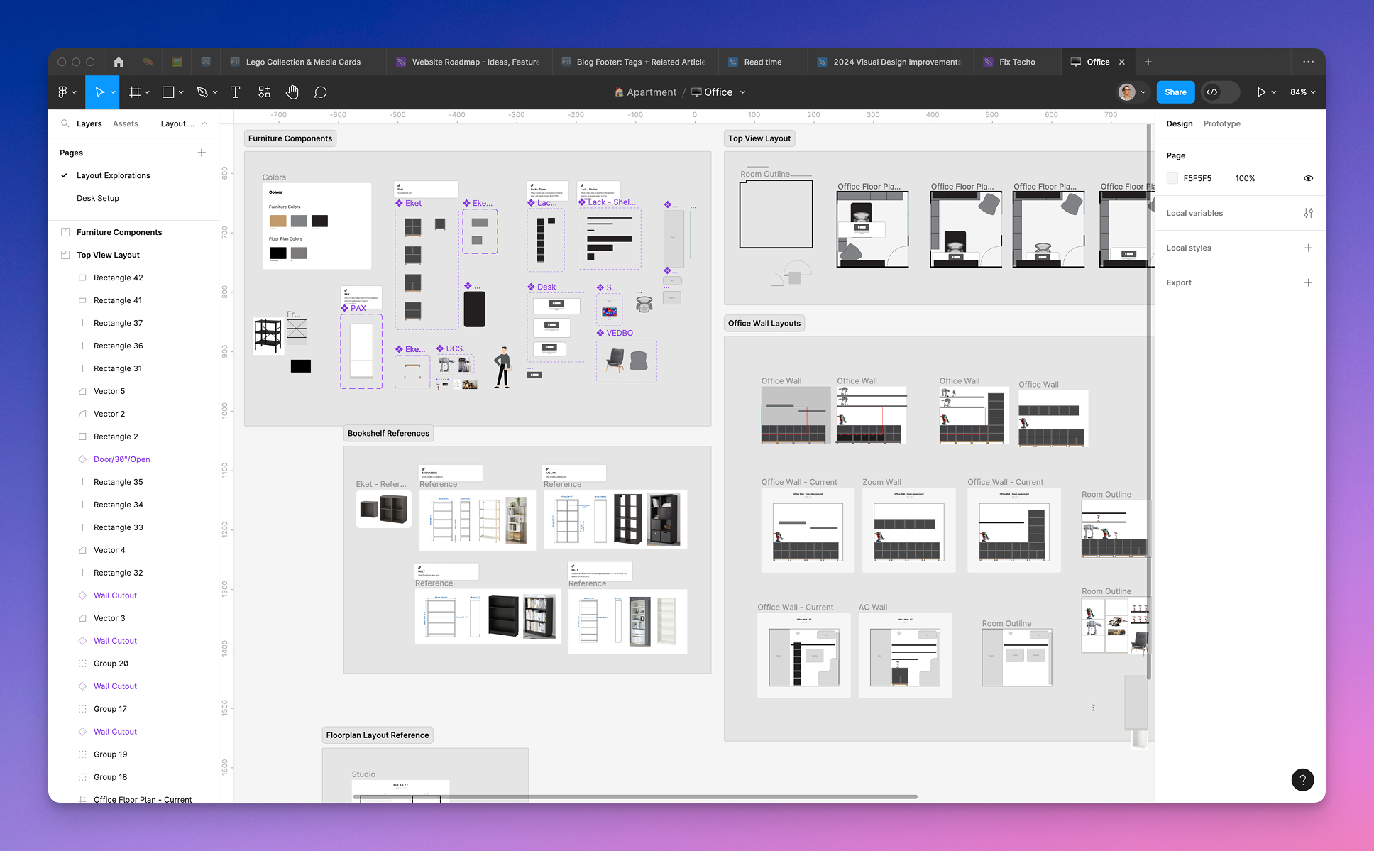 A screenshot of a design software interface in Figma with various workspace layouts, furniture components, and bookshelf references, indicating a project for organising or planning an office space