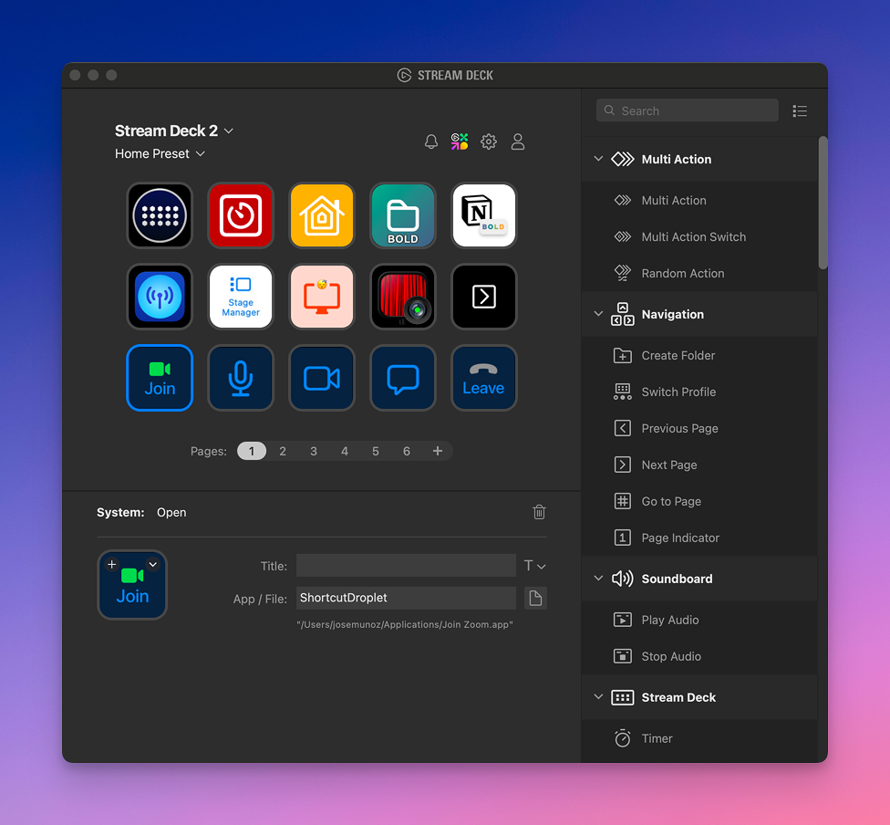 A screenshot of the Stream Deck interface with various icons for tasks like joining calls, managing audio, and navigation options, along with sections for multi-action, navigation, soundboard, and system settings on the right side