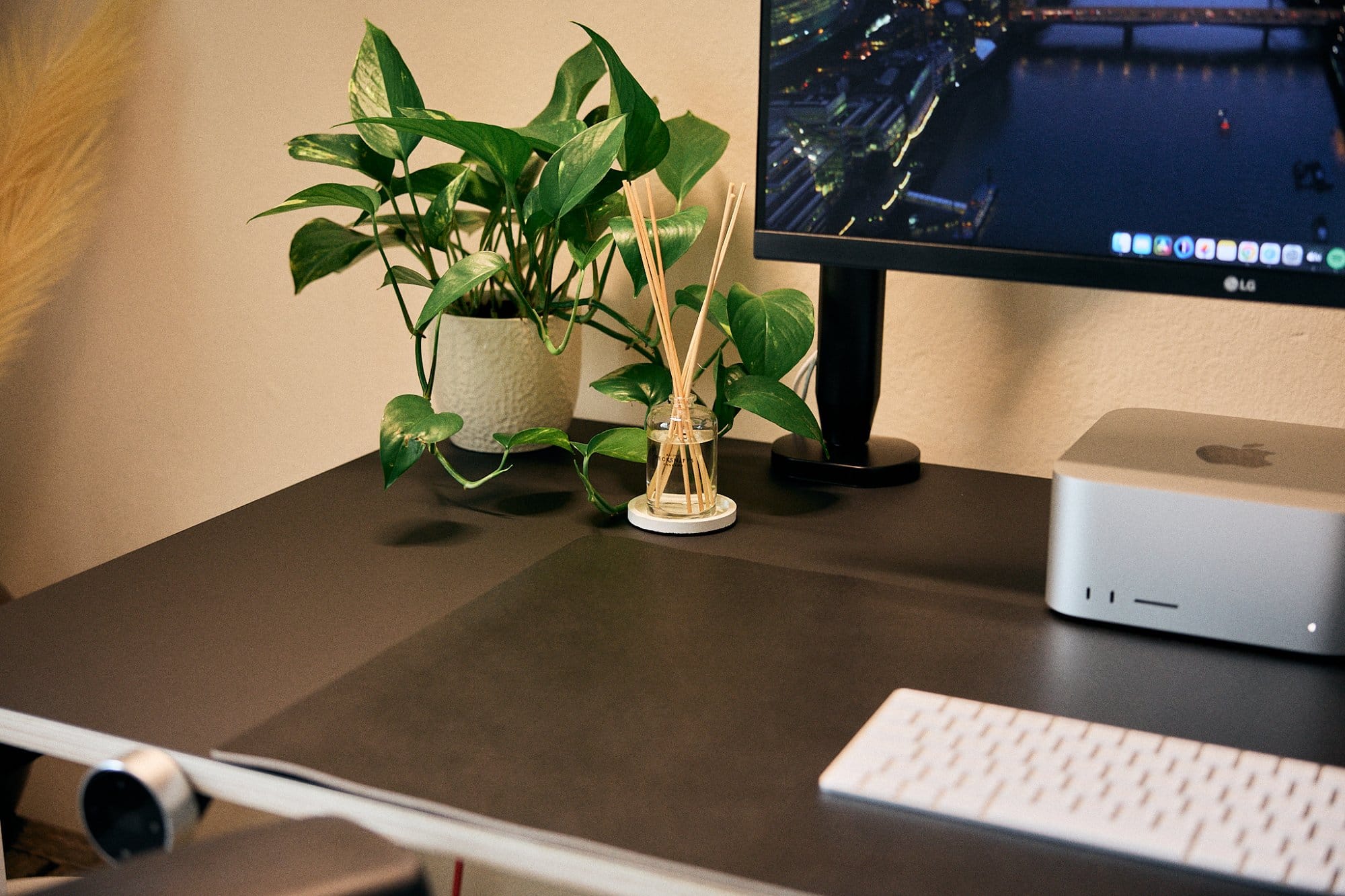 A close-up of a desk with a green potted plant, a reed diffuser, an Apple Mac Studio, a keyboard, and a part of a monitor displaying a nighttime cityscape
