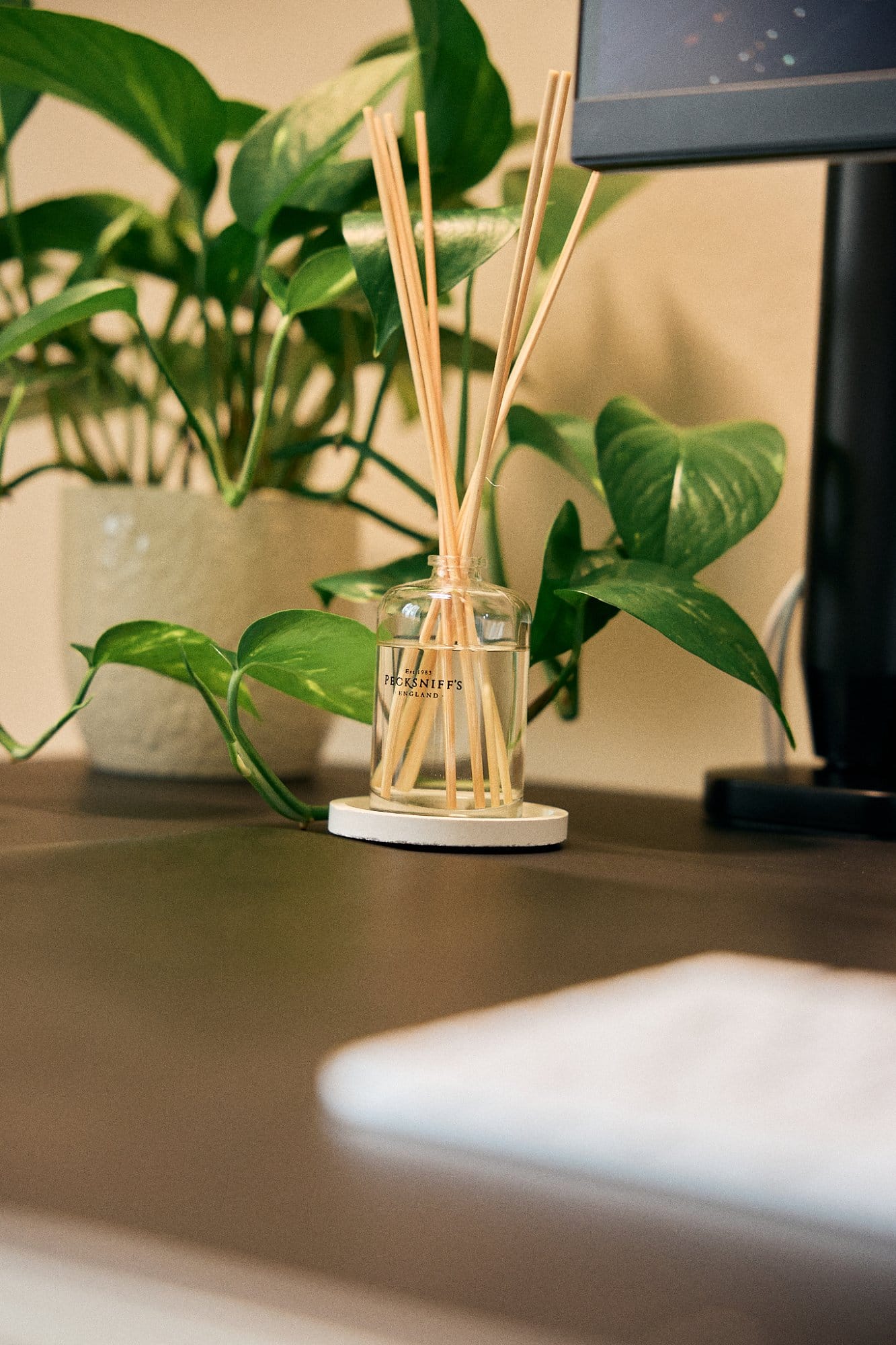 A close-up view of a reed diffuser on a desk, with a clear liquid and wooden sticks, set against a backdrop of lush green potted plants and a computer monitor