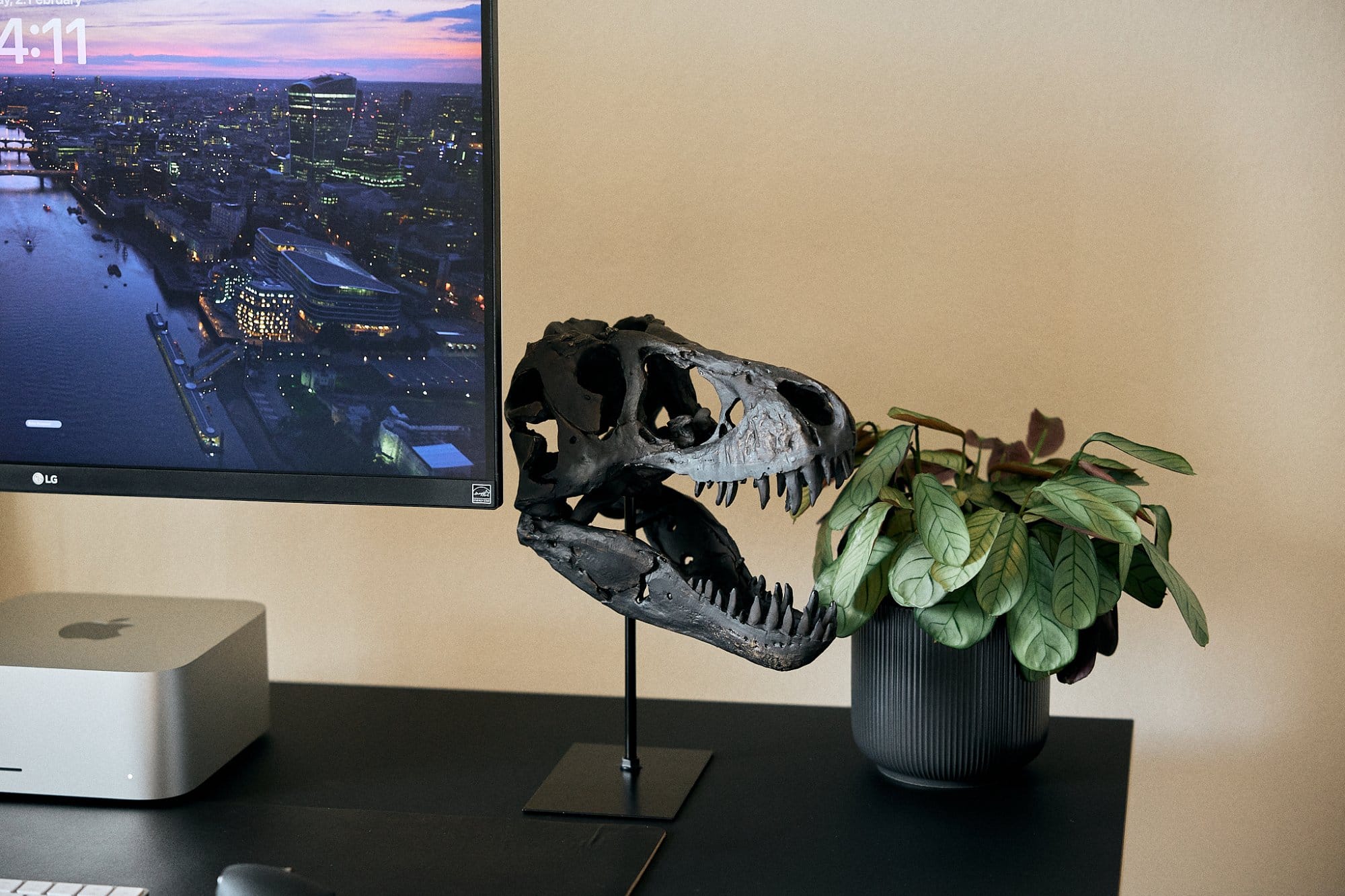 Sleek desk setup with a twilight cityscape on a large monitor, a compact Apple Mac Studio, and a decorative dinosaur skull model beside a potted plant, creating an organised and creative workspace