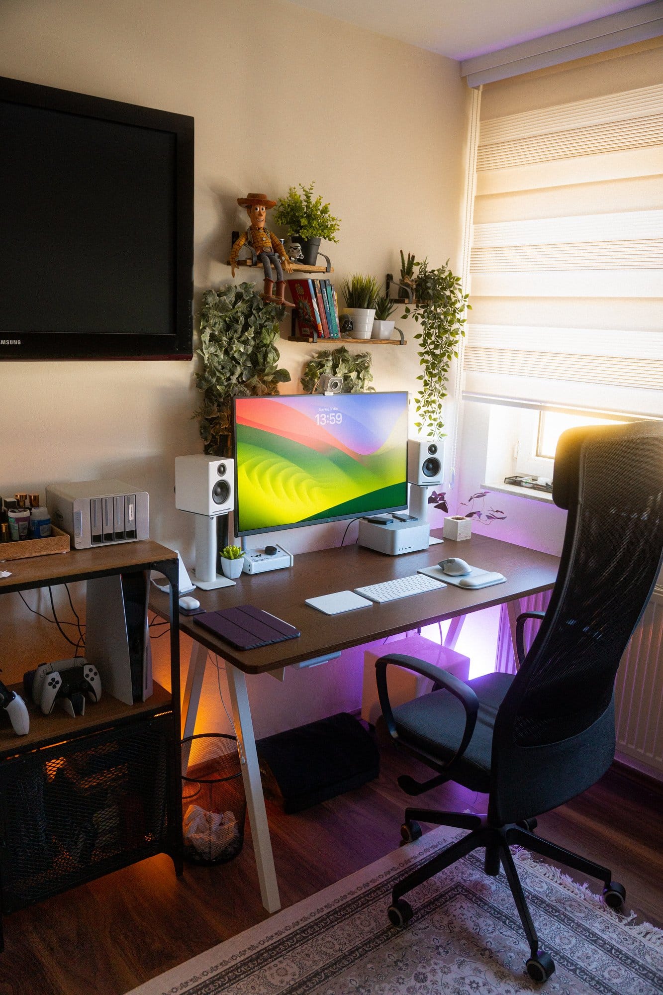 A well-lit home office with a desk, ergonomic chair, computer setup with monitor, houseplants, and a TV mounted on the wall