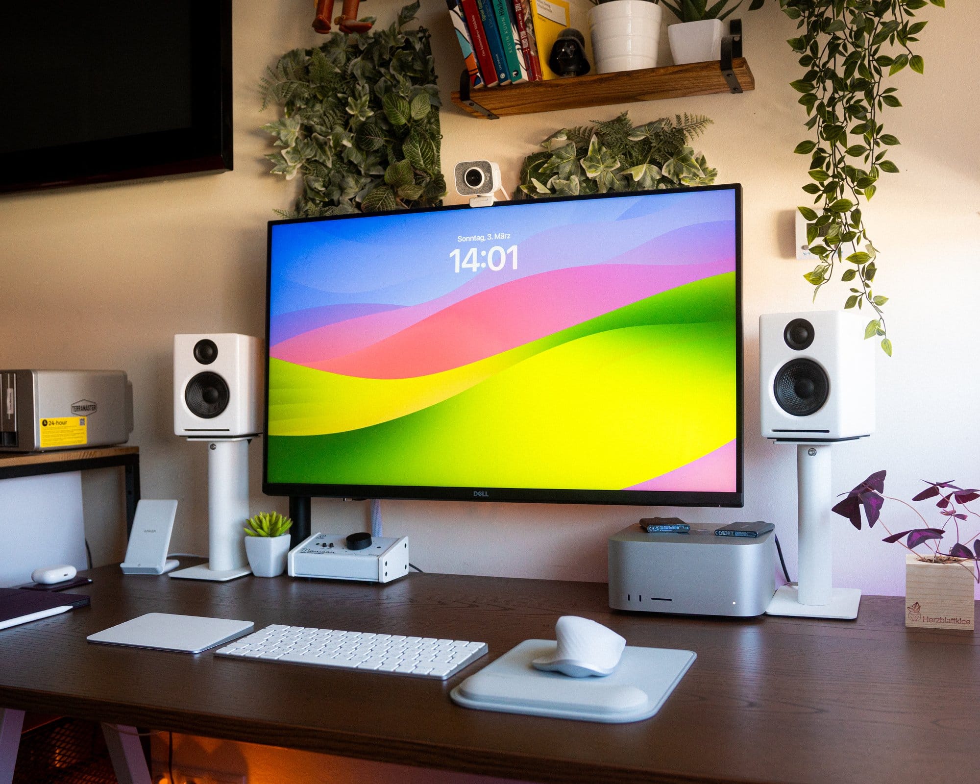 An organised desk featuring a computer monitor with a colourful screen, speakers, and tech accessories, flanked by vibrant houseplants and a wall-mounted TV