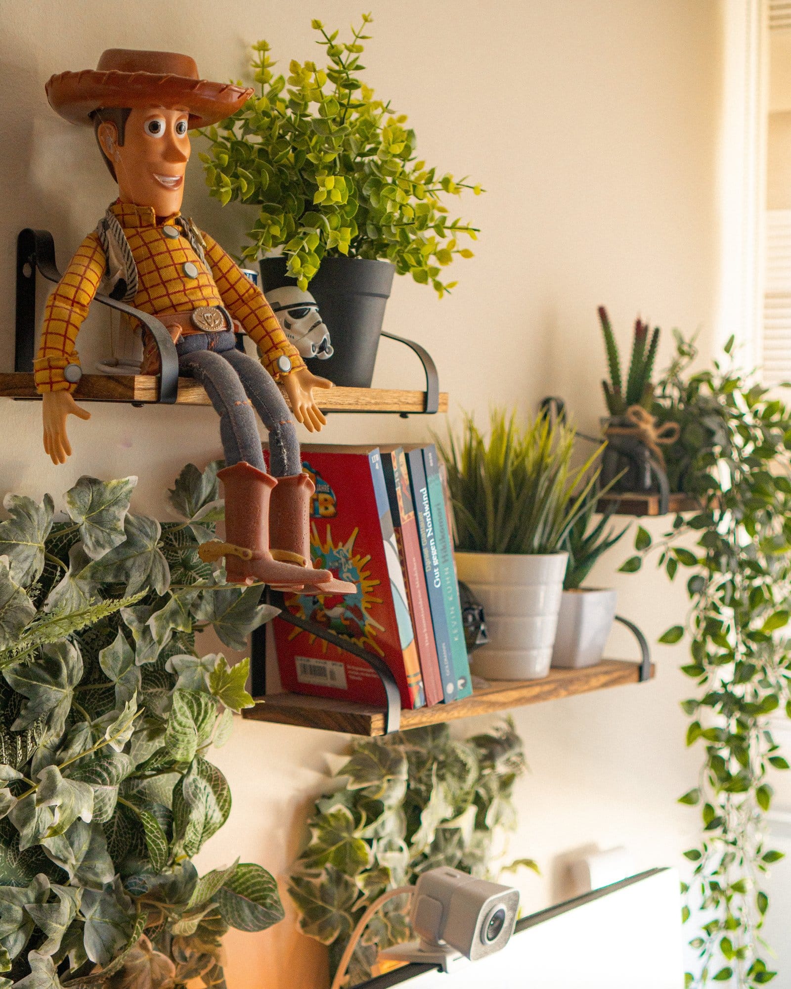 Wall-mounted shelves adorned with a Pixar’s Toy Story Woody figurine, potted plants, books, and a camera, against a backdrop of trailing houseplants, create a charming corner in a room