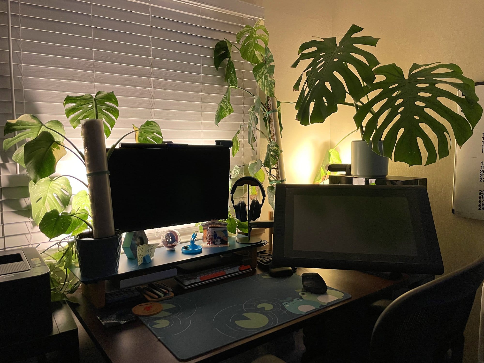 A cosy home office at night, with the warm glow of a lamp highlighting houseplants and a desk setup with a monitor and graphic tablet