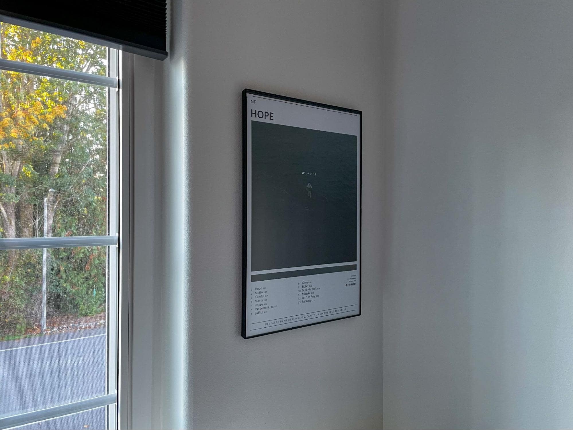 A framed poster titled “HOPE” on a light grey wall next to a window with a view of autumn trees