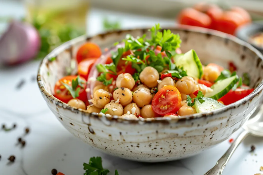 A quick and simple chickpea salad in a bowl