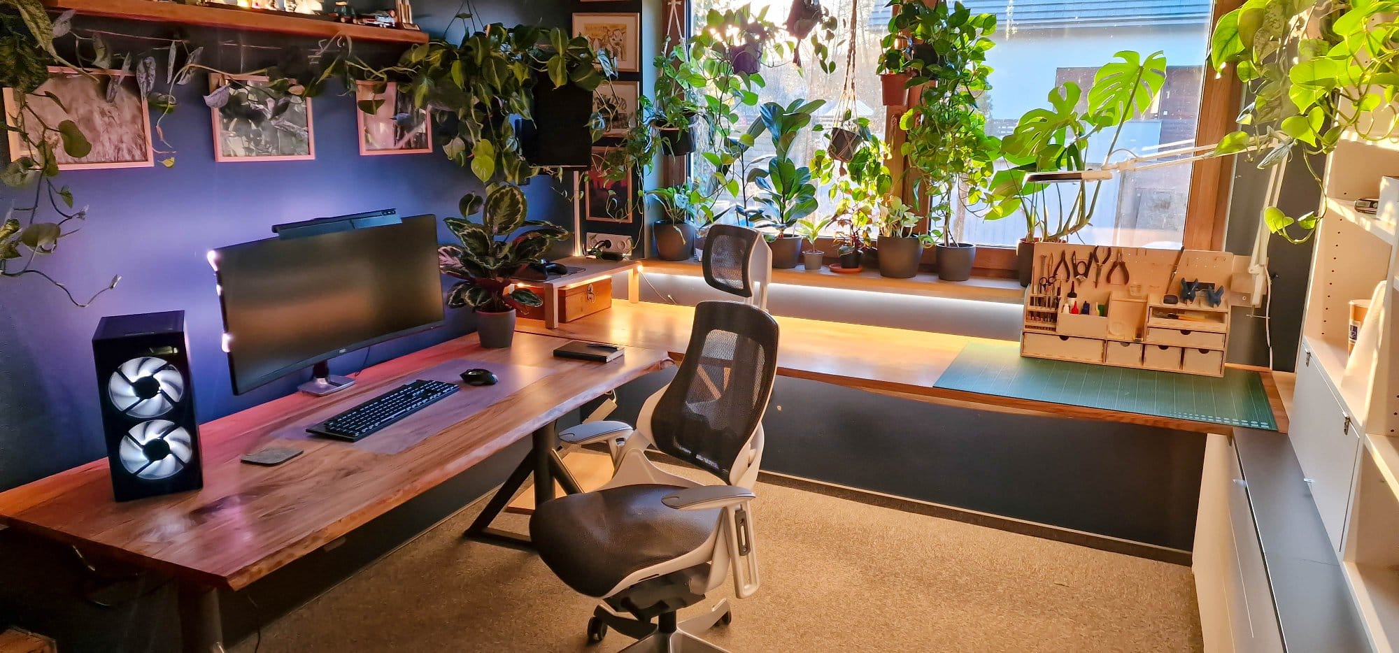 A well-lit and inviting home office setup featuring a wide wooden desk, ergonomic chairs, multiple houseplants, and a dedicated crafting area by a sunlit window