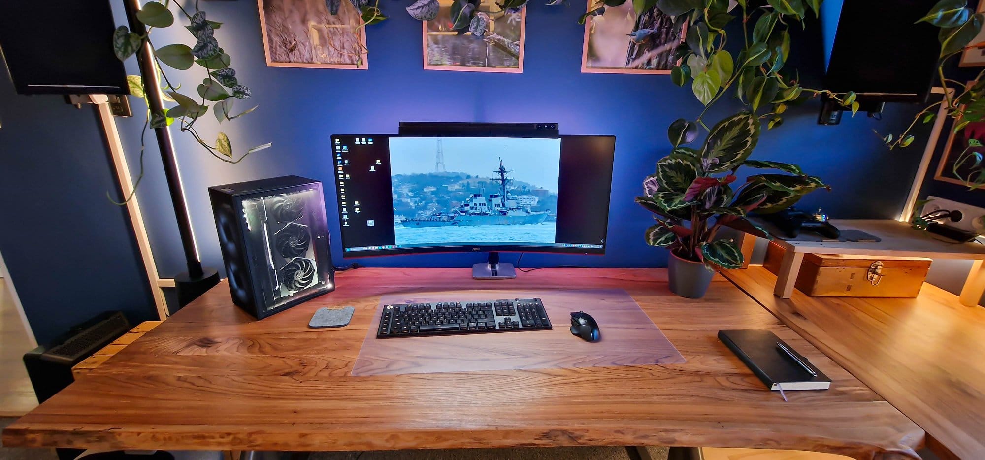 A meticulously arranged home office setup featuring a wide wooden desk with modern tech equipment, flanked by lush houseplants
