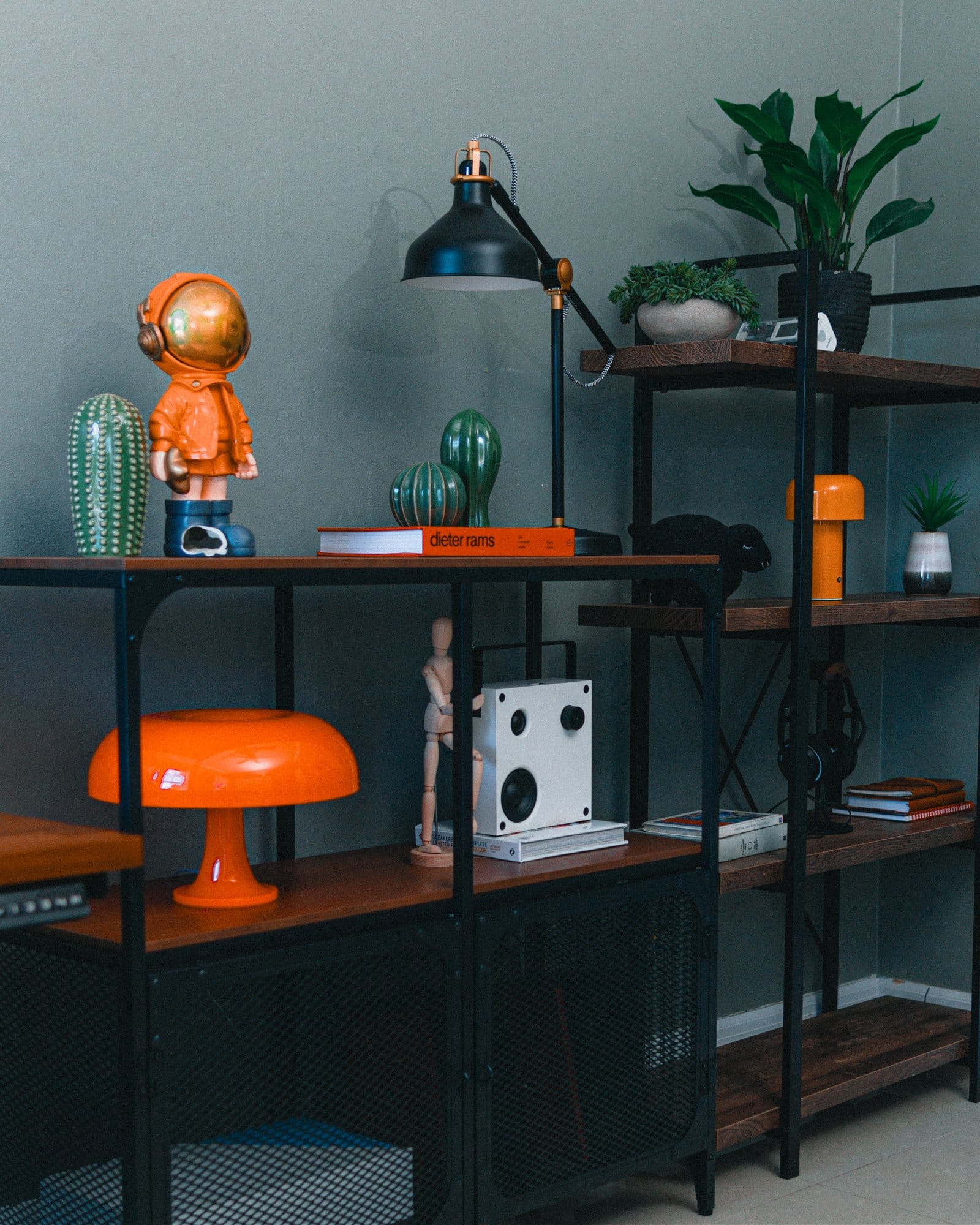 A modern shelving unit featuring an orange mushroom lamp, a white speaker, an orange astronaut figurine, several green cactus decor pieces, a Dieter Rams book, and various plants