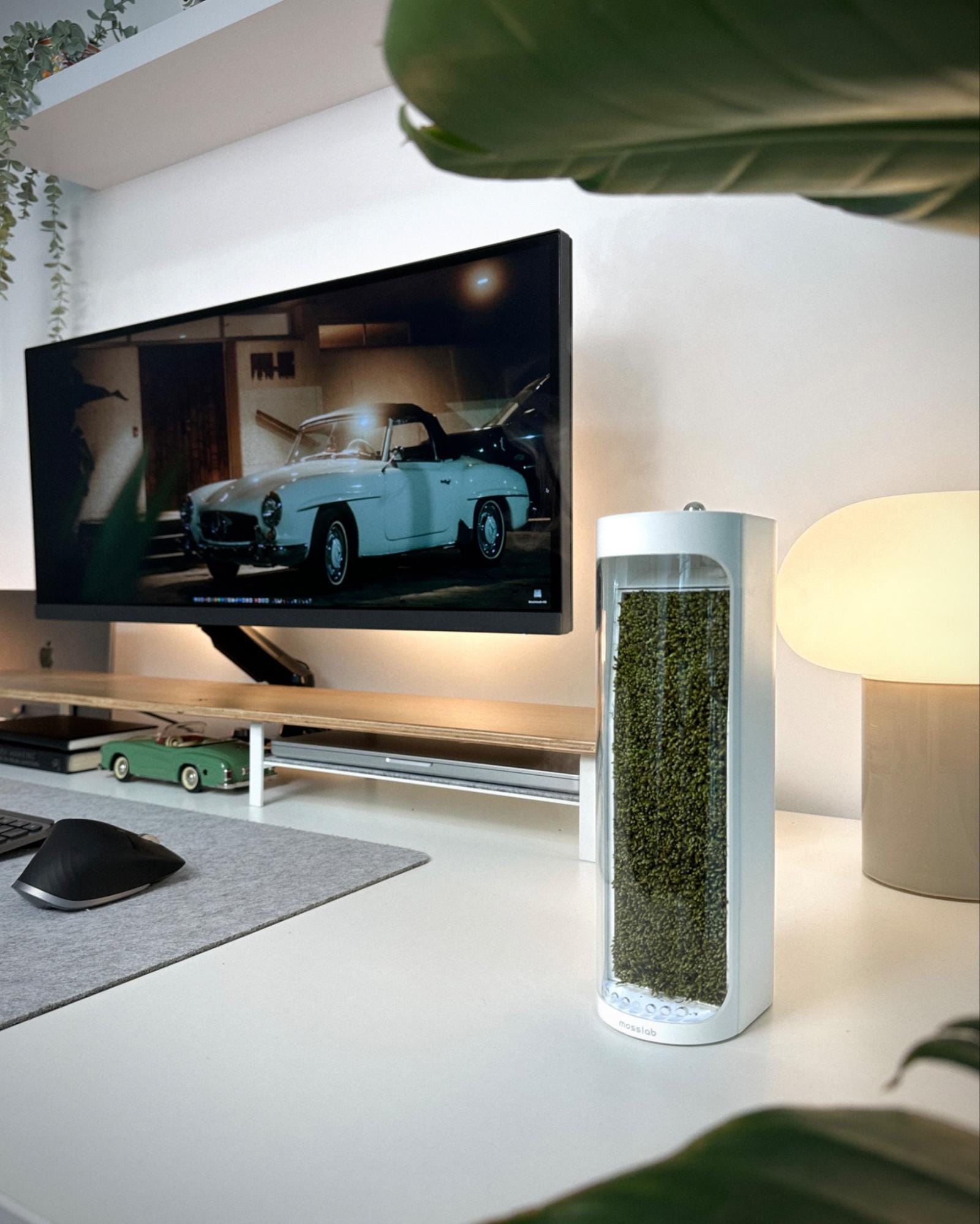 A workspace featuring a BenQ PD3420Q UltraWide monitor, a Logitech MX Master 3S mouse on a felt mat, a Woodcessories desk shelf, and a mosslab Moss Air purifier, with a classic car displayed on the monitor screen