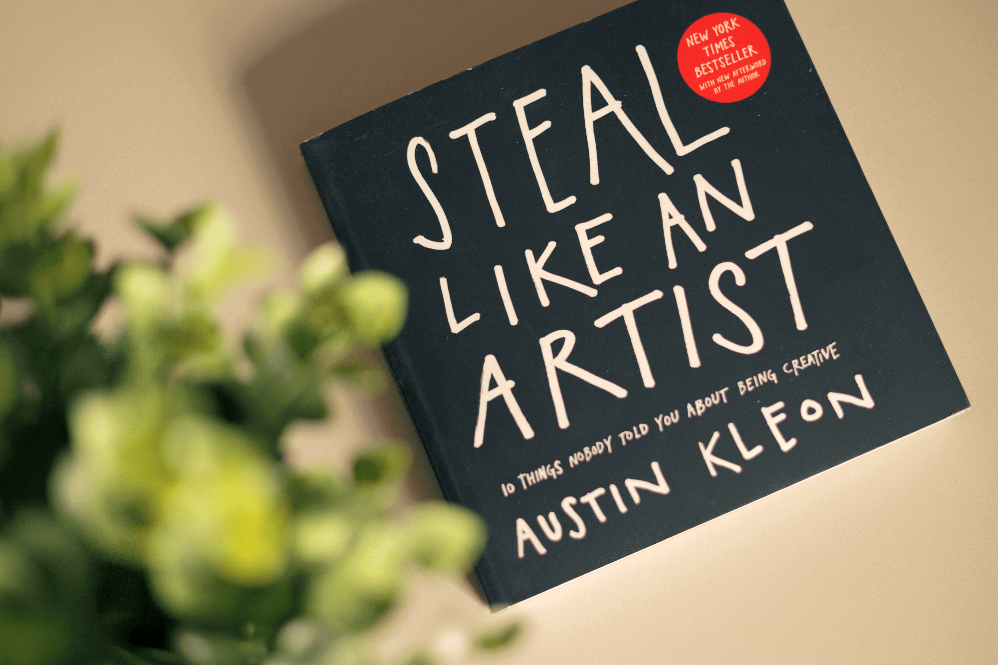 A copy of Steal Like an Artist by Austin Kleon on a beige desk next to a green plant