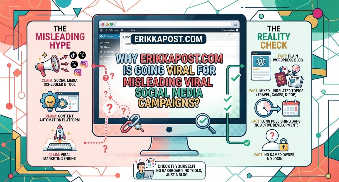 Erikkapost.com is gaining attention over misleading social media tool claims, while site checks show a small WordPress blog with no scheduler, login, or pricing page.