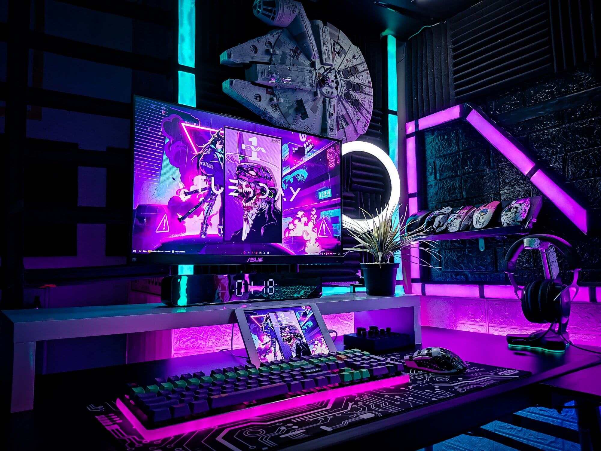 An RGB & neon Cyberpunk home office and battlestation