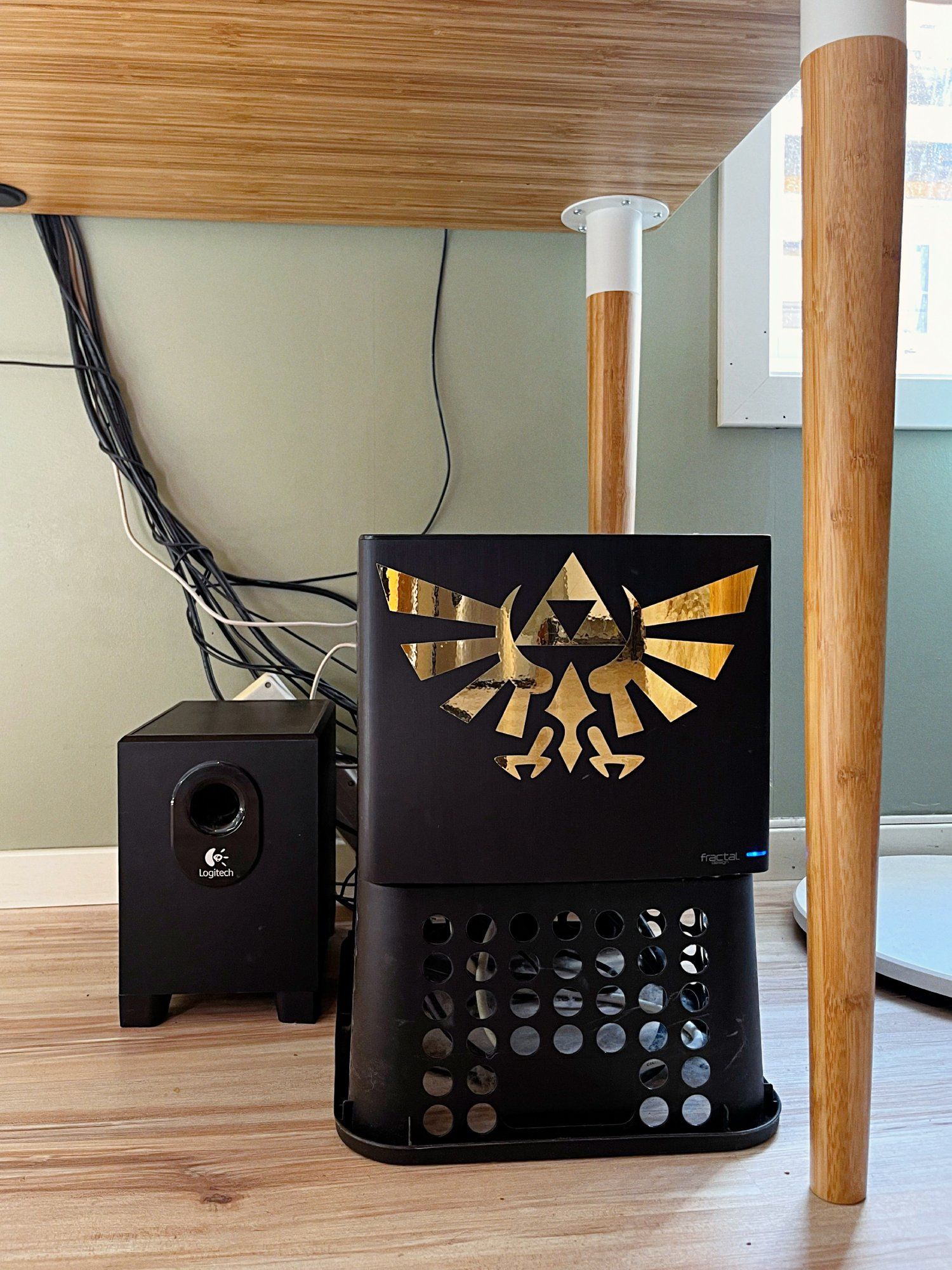 A Logitech subwoofer and a Zelda-inspired PC case