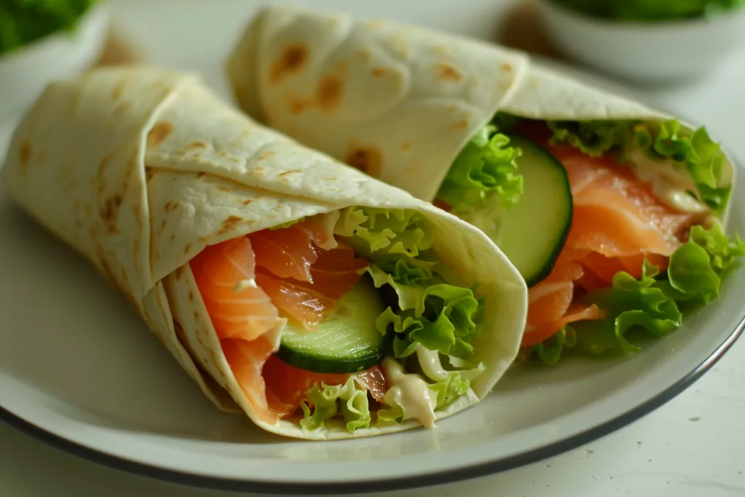 Two salmon wraps with tahini yoghurt