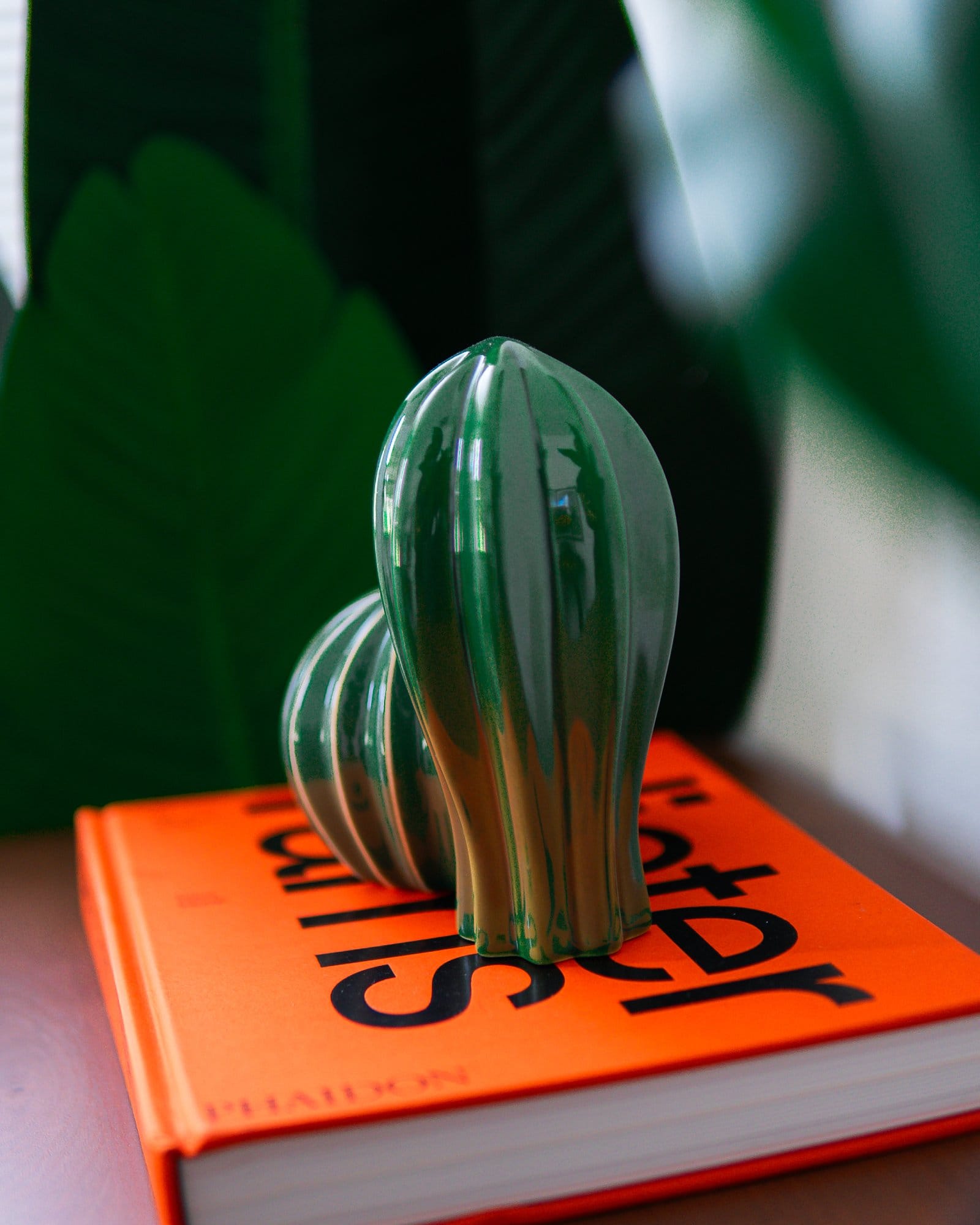 A close-up view of green cactus-shaped decor pieces placed on top of an orange Dieter Rams book, with large green leaves in the background