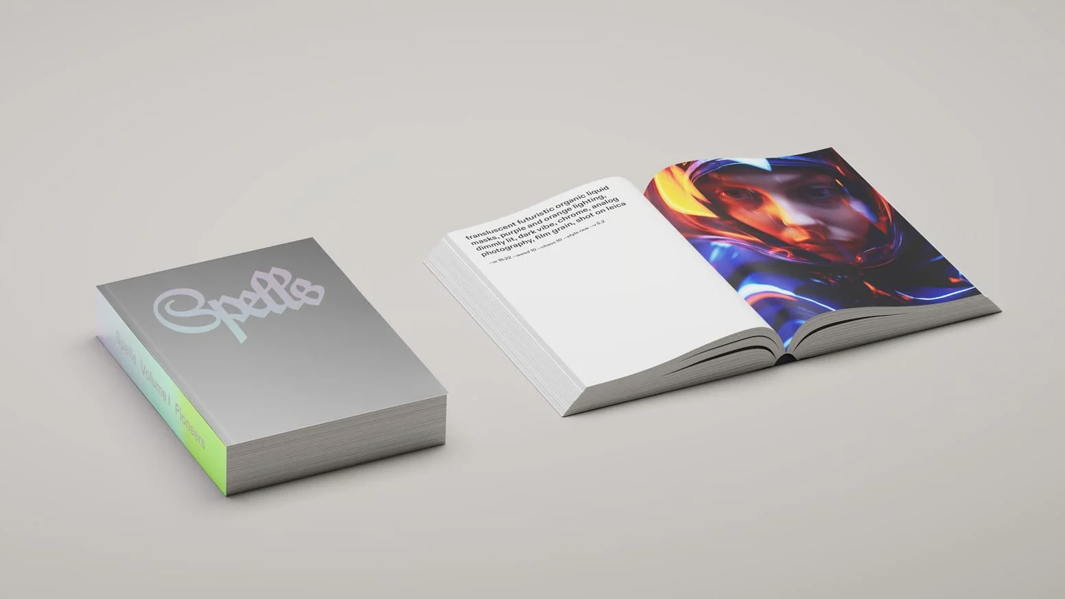 A book titled “Spells Volume 1: Pioneers” with a metallic cover and iridescent typography, shown both closed and open