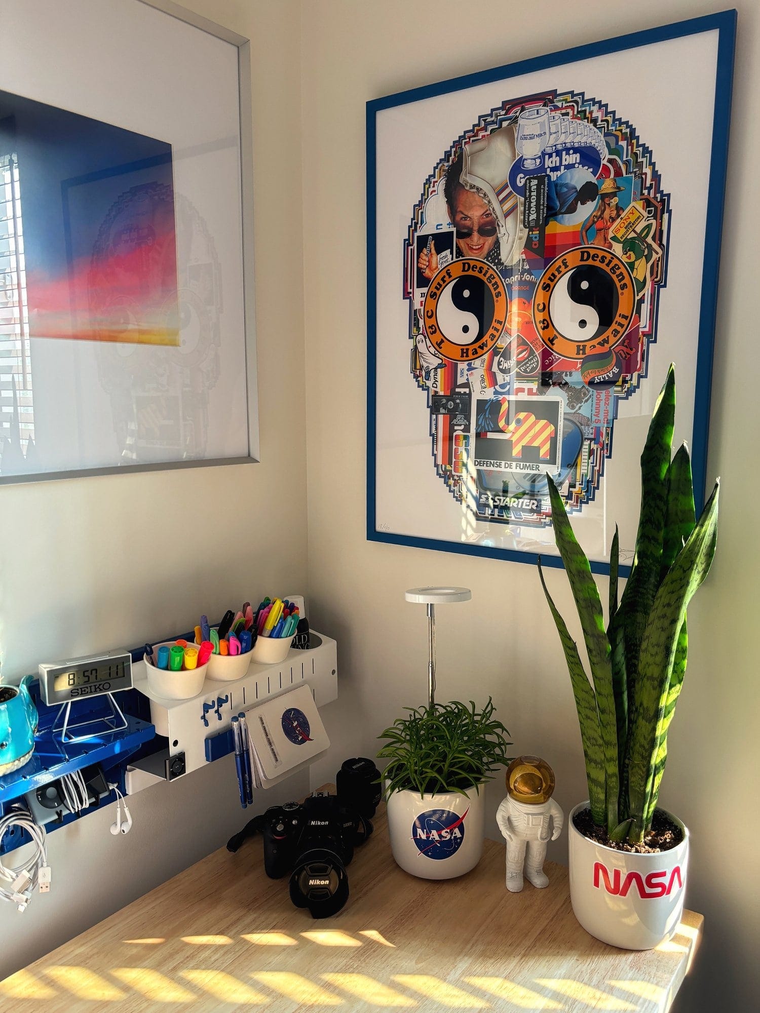 A workspace corner with NASA-branded plant pots, a Nikon camera, a pen organiser, and a framed collage-style artwork on the wall