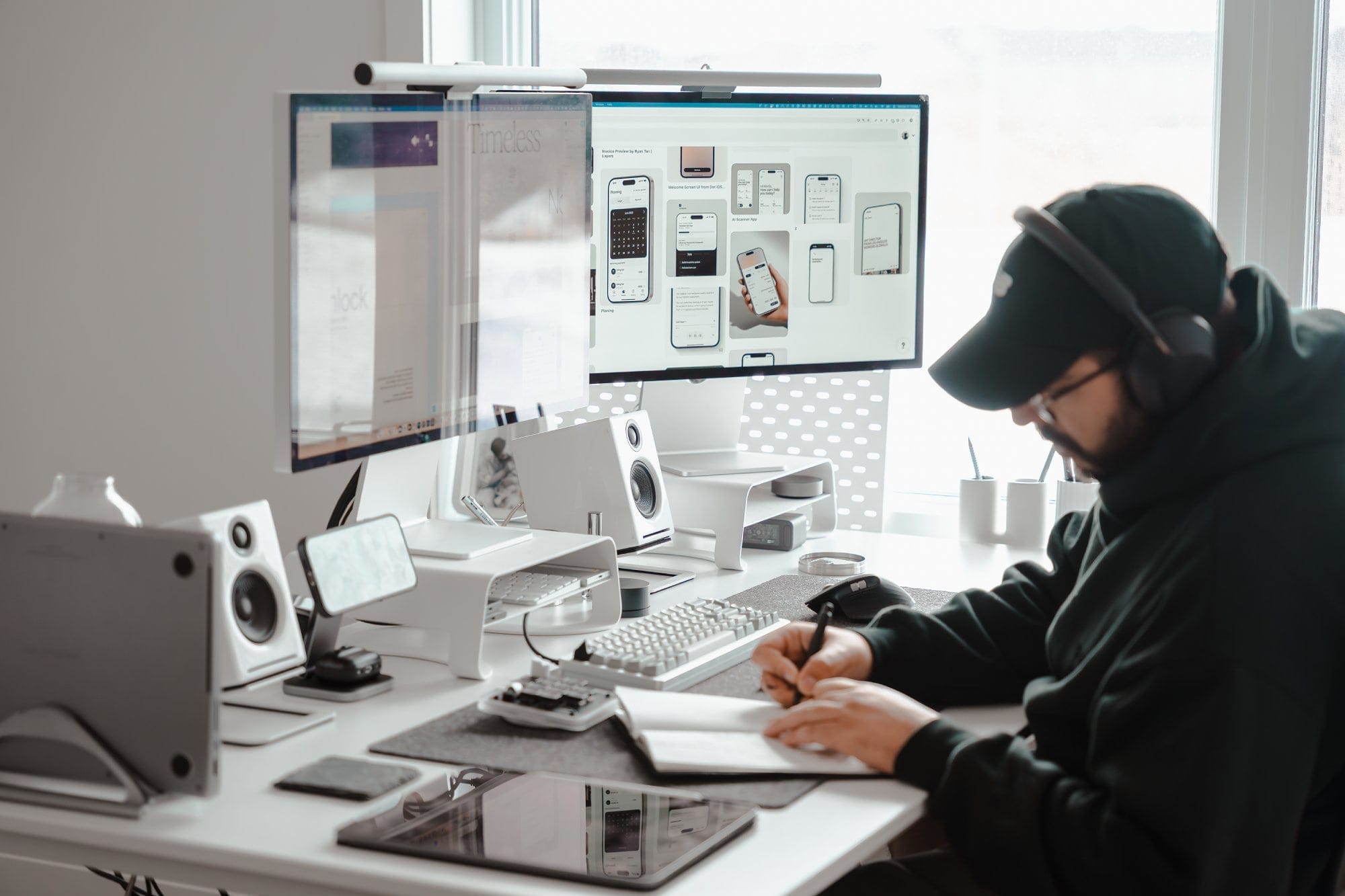 A person wearing Sony XM5s is writing in a notebook at a desk setup with dual Apple Studio Displays, Audioengine A2s speakers, a Logitech MX Master 3S mouse, and a Grovemade desk pad