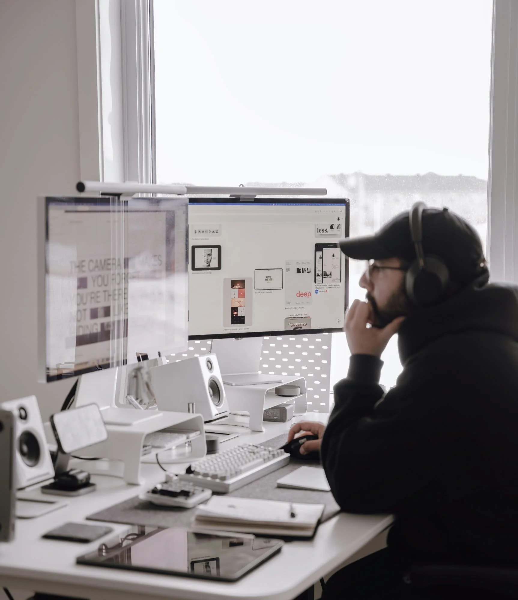 A person wearing Sony XM5s is working at a dual Apple Studio Display setup with Xiaomi Mi Light Bars, Audioengine A2s speakers, a custom mechanical keyboard, and a Logitech MX Master 3S mouse