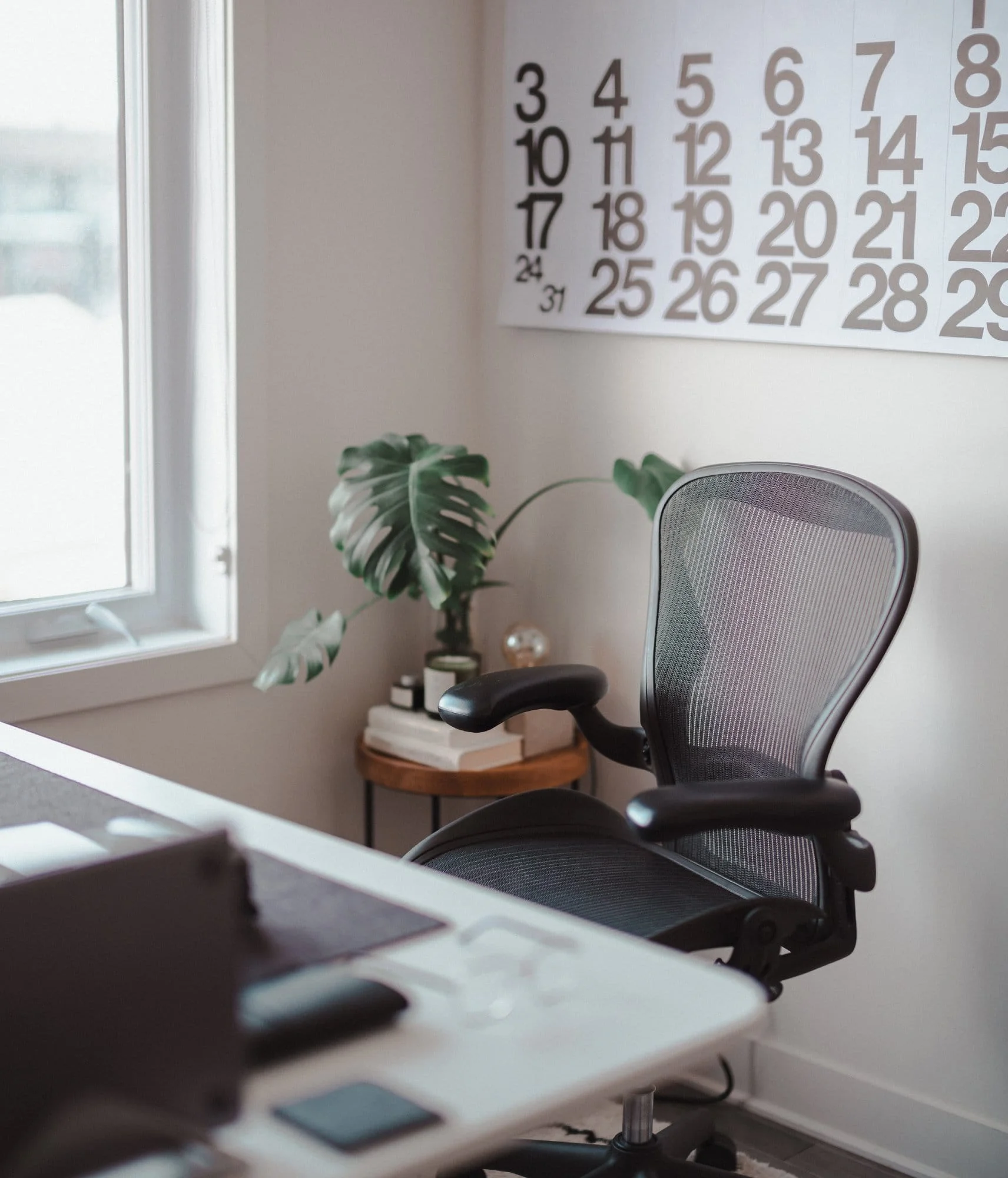 A Herman Miller Aeron chair next to a white desk with a Grovemade Felt Desk Pad, near a window and a wall calendar, with a monstera plant on a small round wooden side table