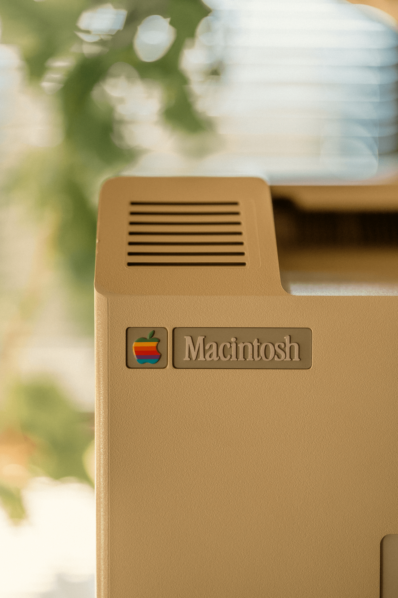 A close-up of the top corner of a vintage Macintosh computer showing the rainbow Apple logo and Macintosh badge with blurred blinds and greenery in the background