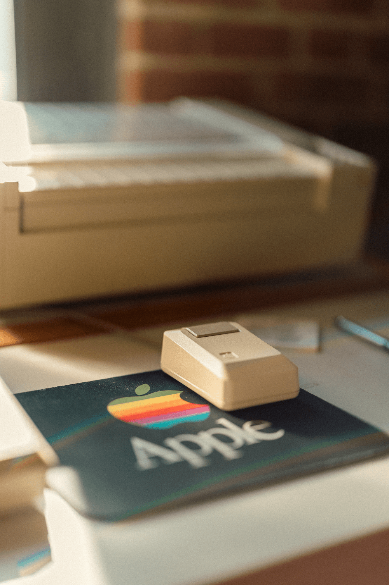 A Macintosh mouse (M0100) on a vintage Apple mouse mat next to an ImageWriter printer in soft window light