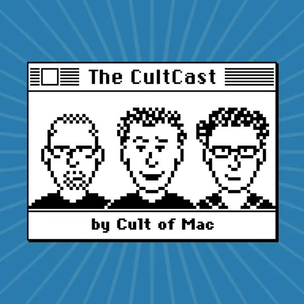 The CultCast podcast cover in retro Macintosh style with three pixelated faces and a blue background