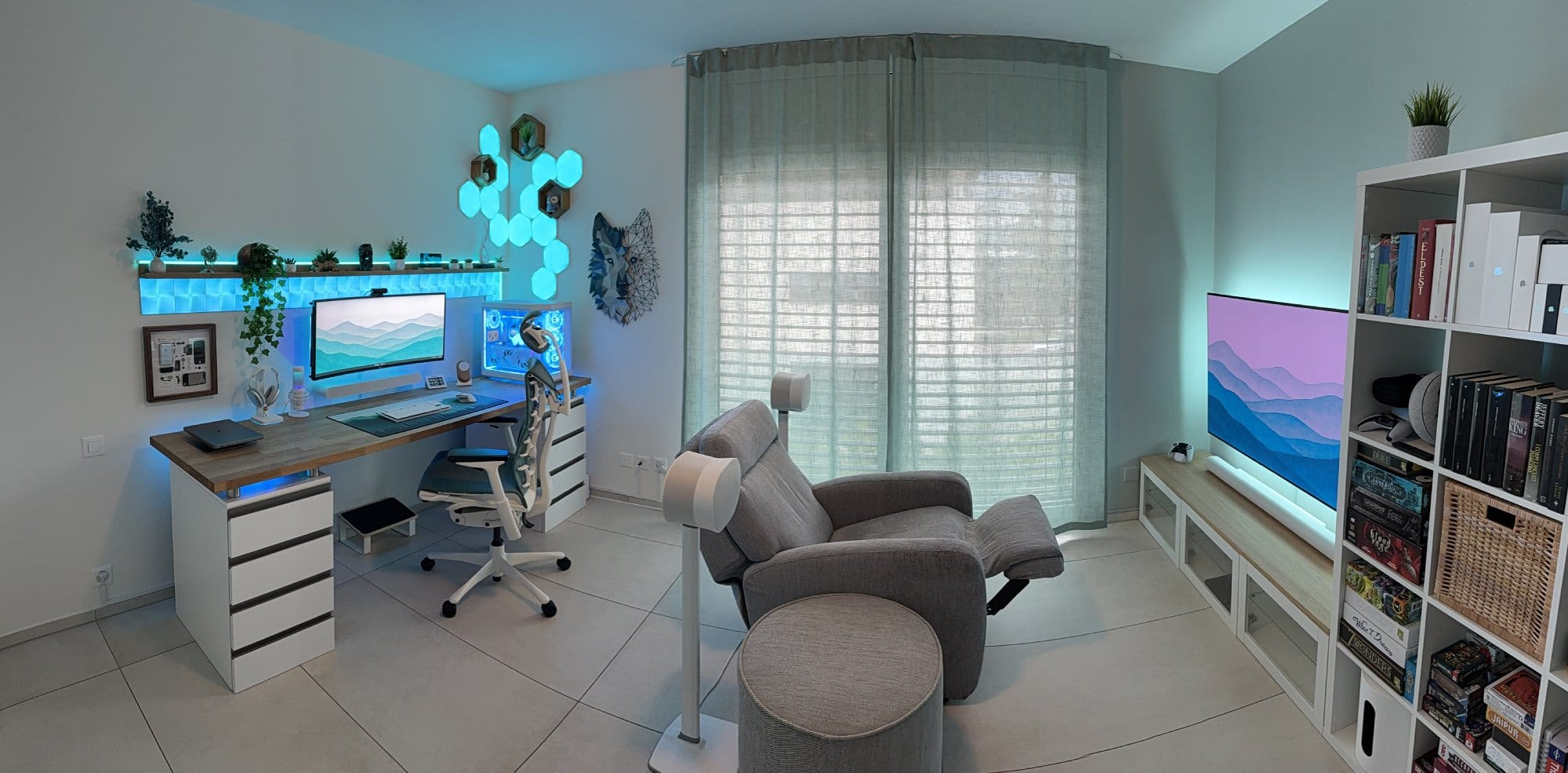 A dual-zone setup with an LG UltraGear desk monitor, Samsung S95D OLED TV, and Nanoleaf LED panels on the wall
