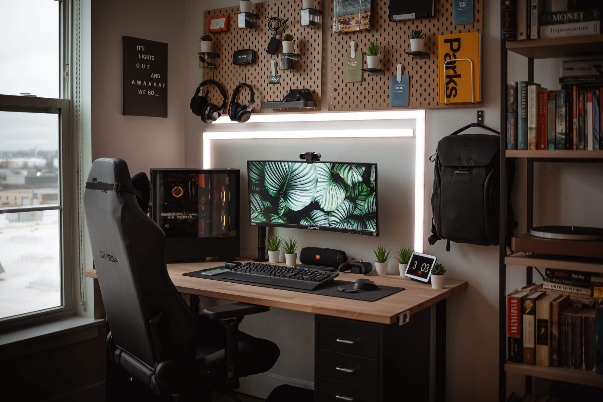 A multifunctional desk setup with pegboards