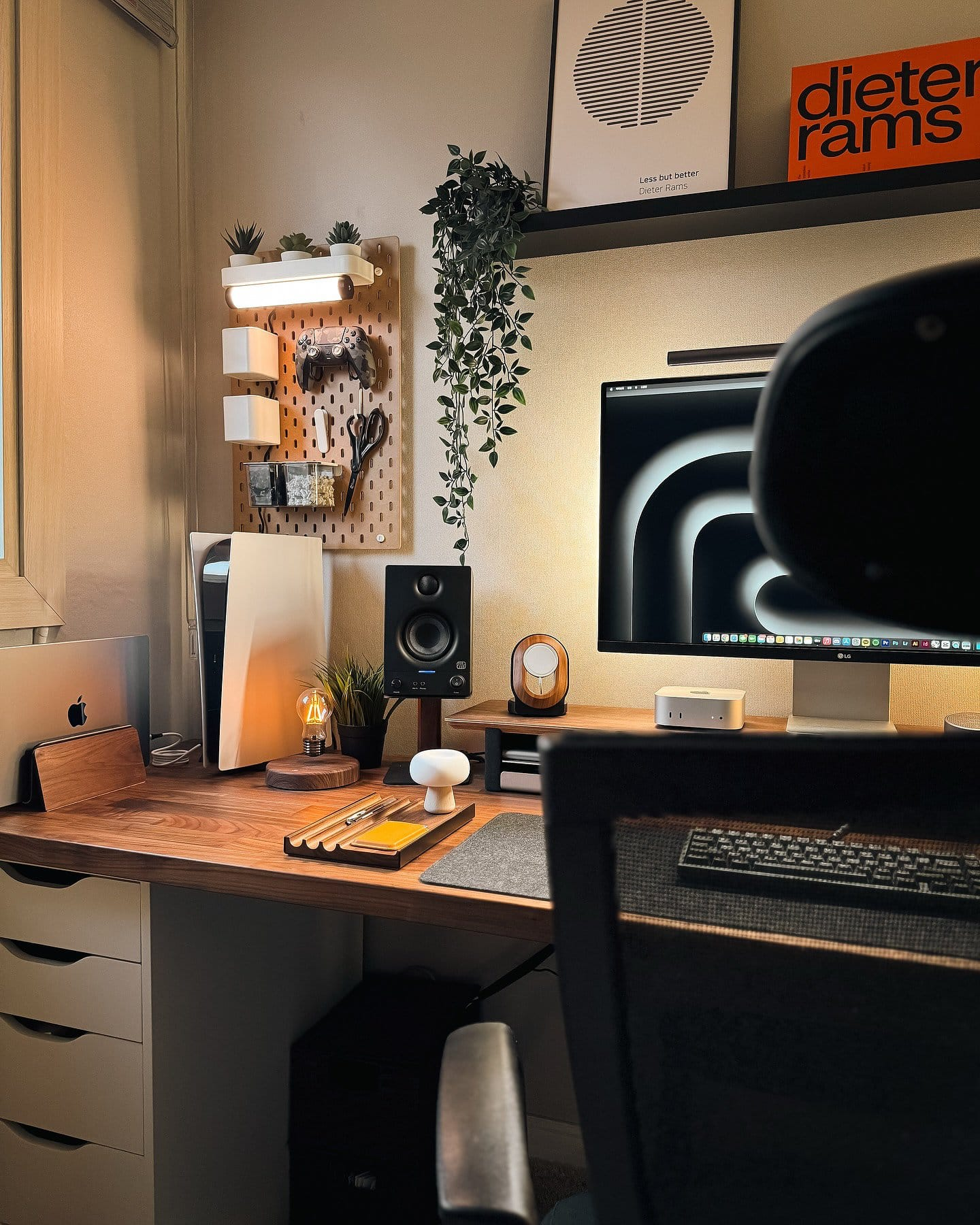A walnut home workspace with an IKEA ALEX drawer