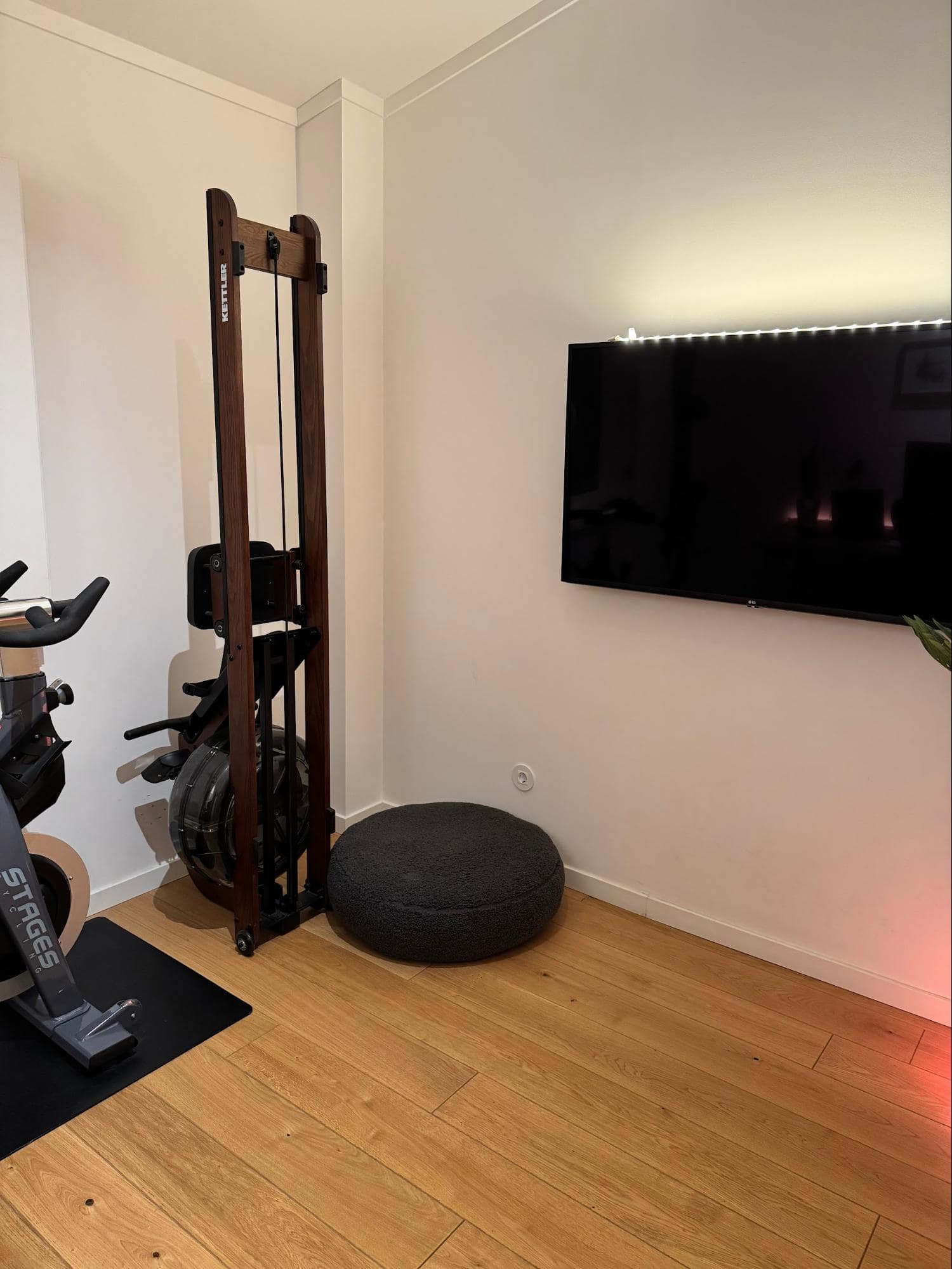 A home gym corner with a Kettler rowing machine, a floor cushion, and a wall-mounted TV